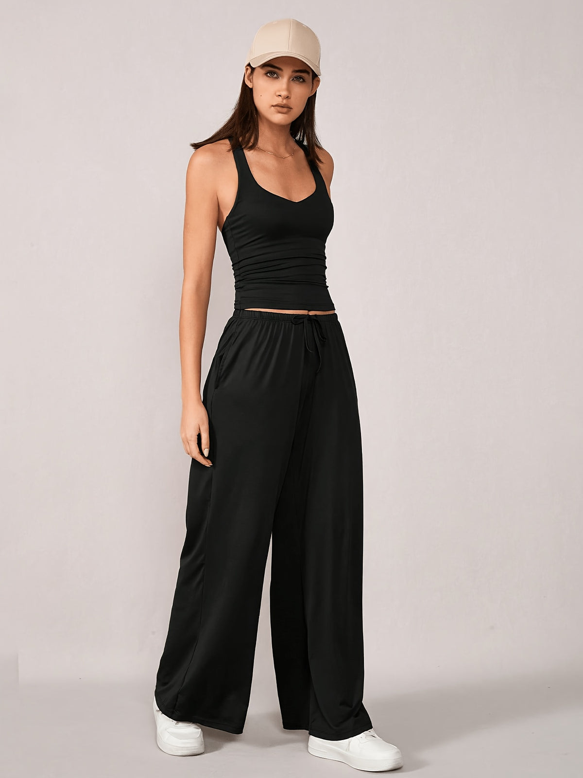 Racerback Tank & Wide Leg Pants Set - Black