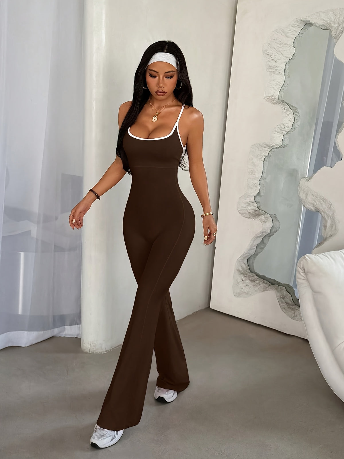 Cross Back Flare Jumpsuit - Coffee