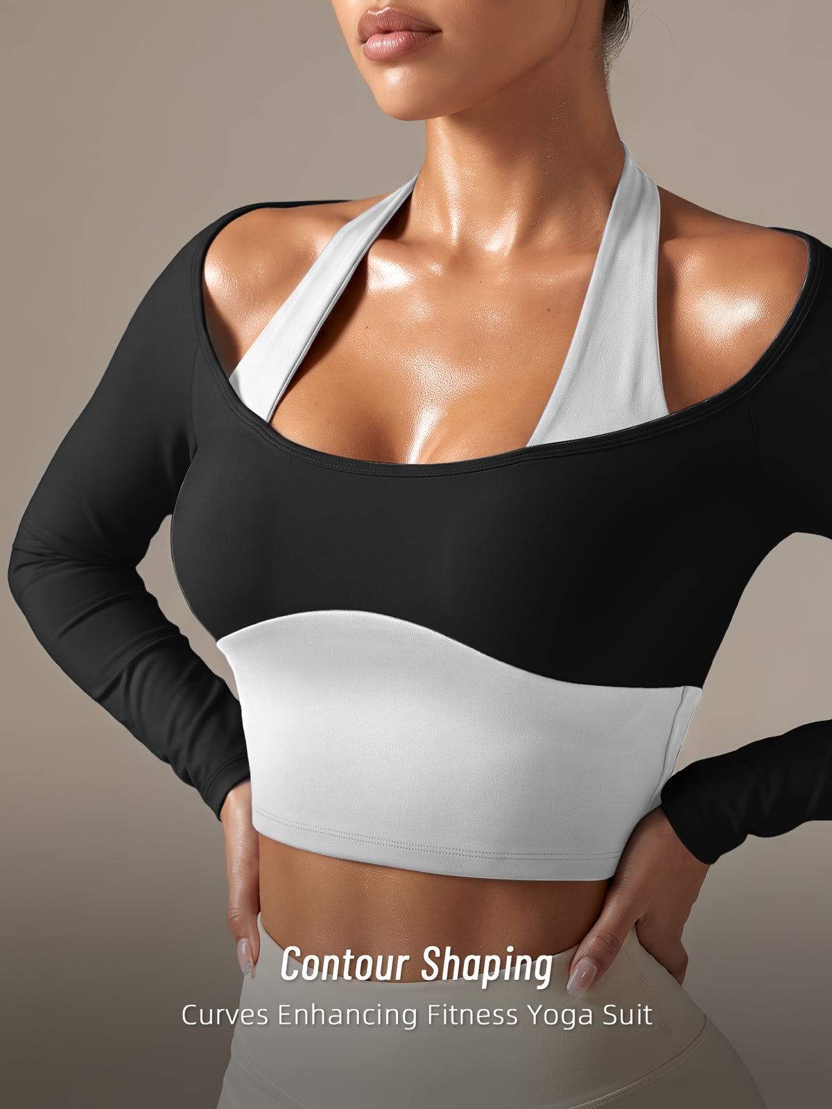Faux Two-Piece Halter Color Block Top - Black