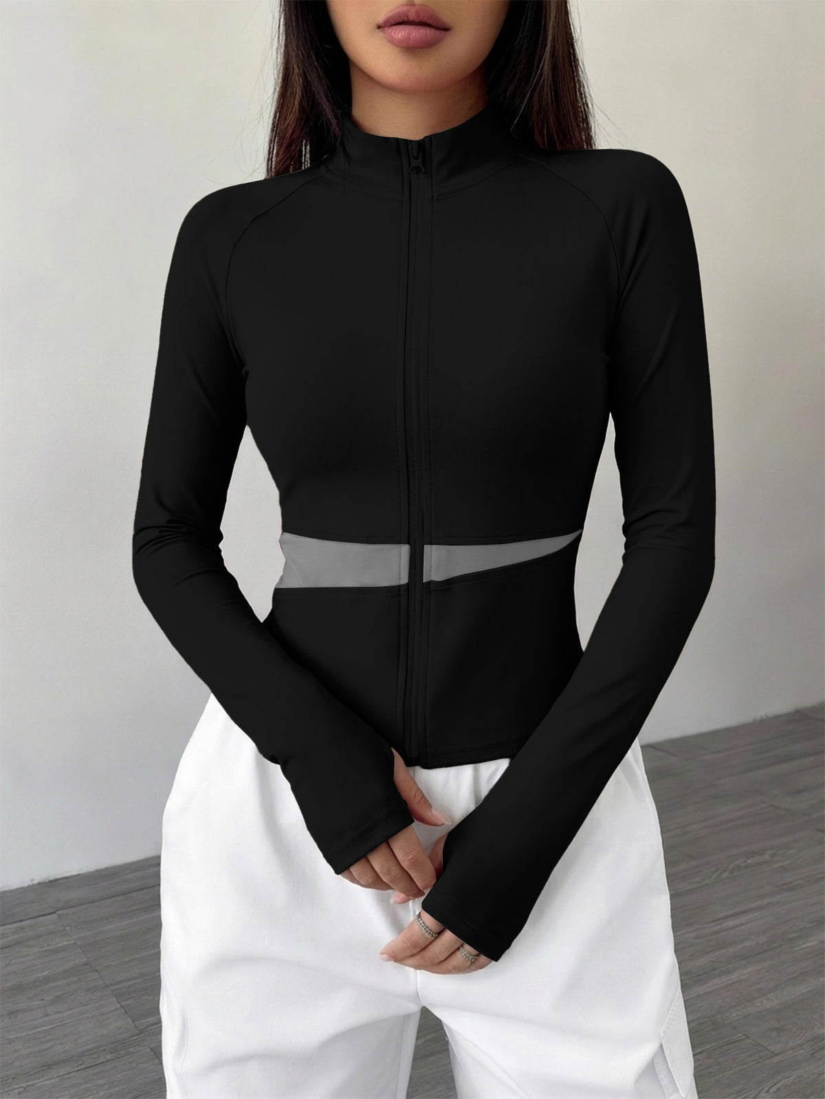 Spliced Full Zip Thumb Loop Top - Black