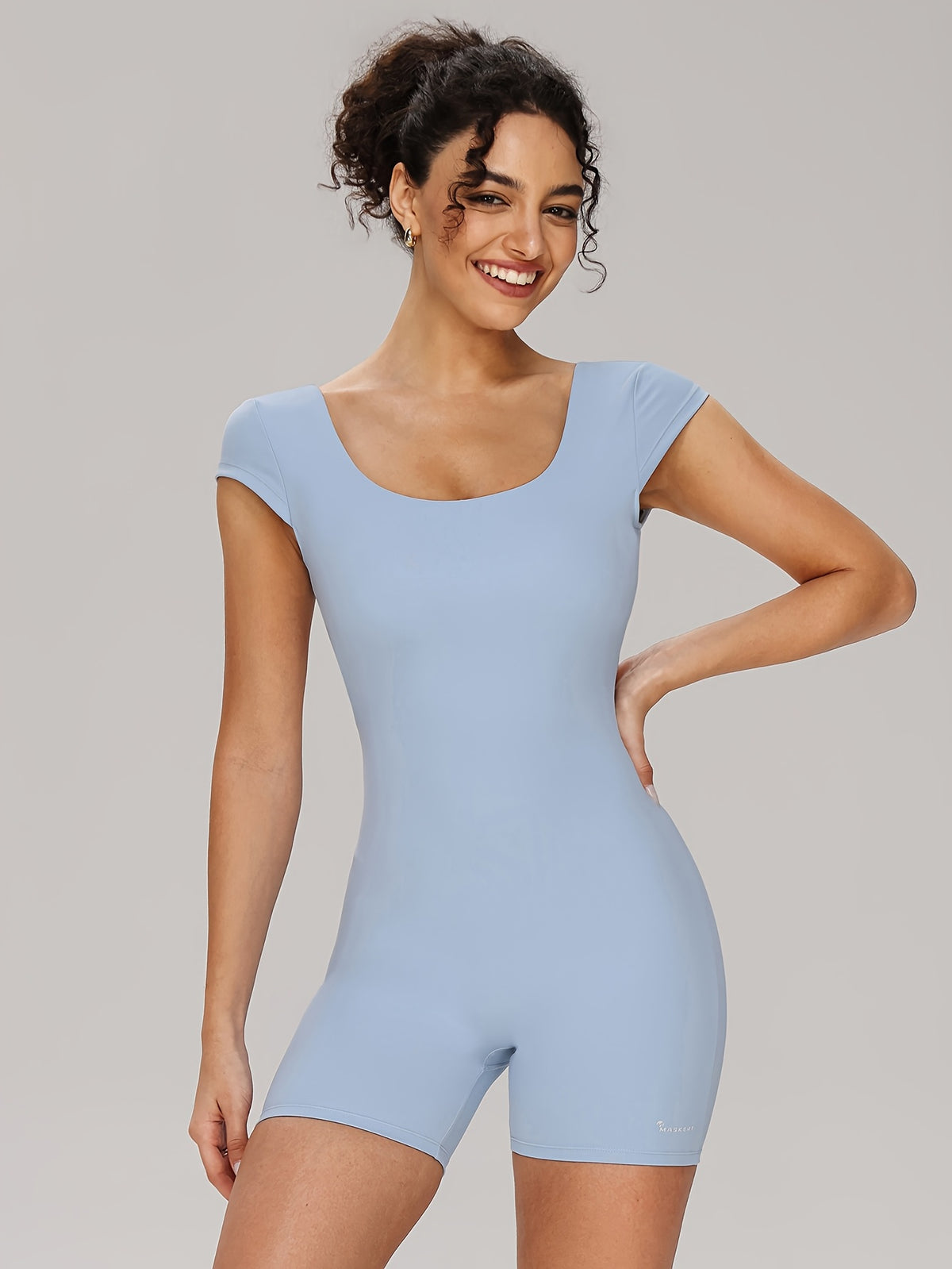 Short Sleeve Cross Strap Jumpsuit - Bright Steel Blue