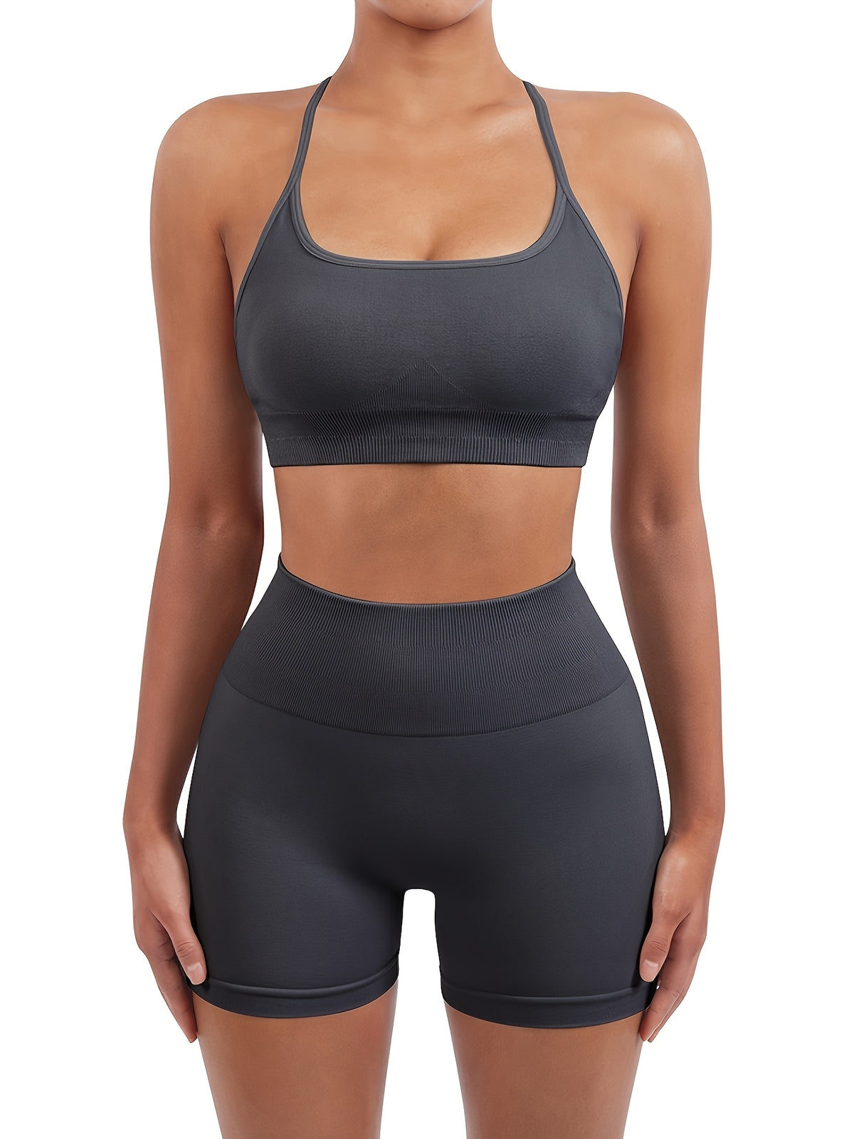 Seamless Thin Strap Bra & Shorts Set - Dark Gray