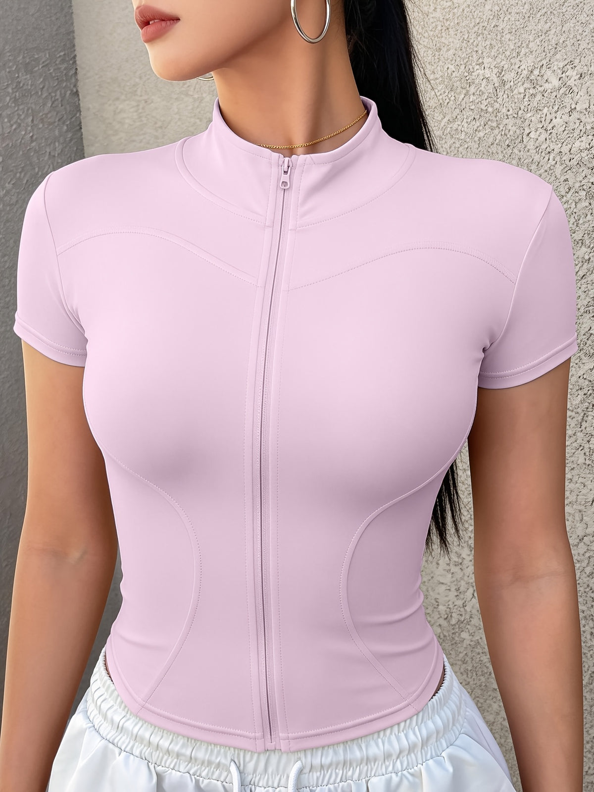 Short Sleeve Zip Cropped Yoga Jacket - Hot Pink