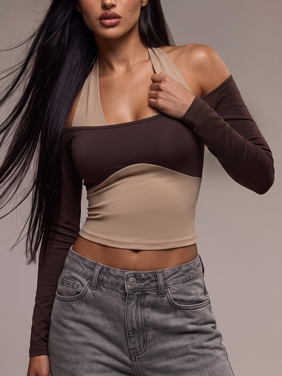 Off Shoulder Layered Crop Top - Coffee