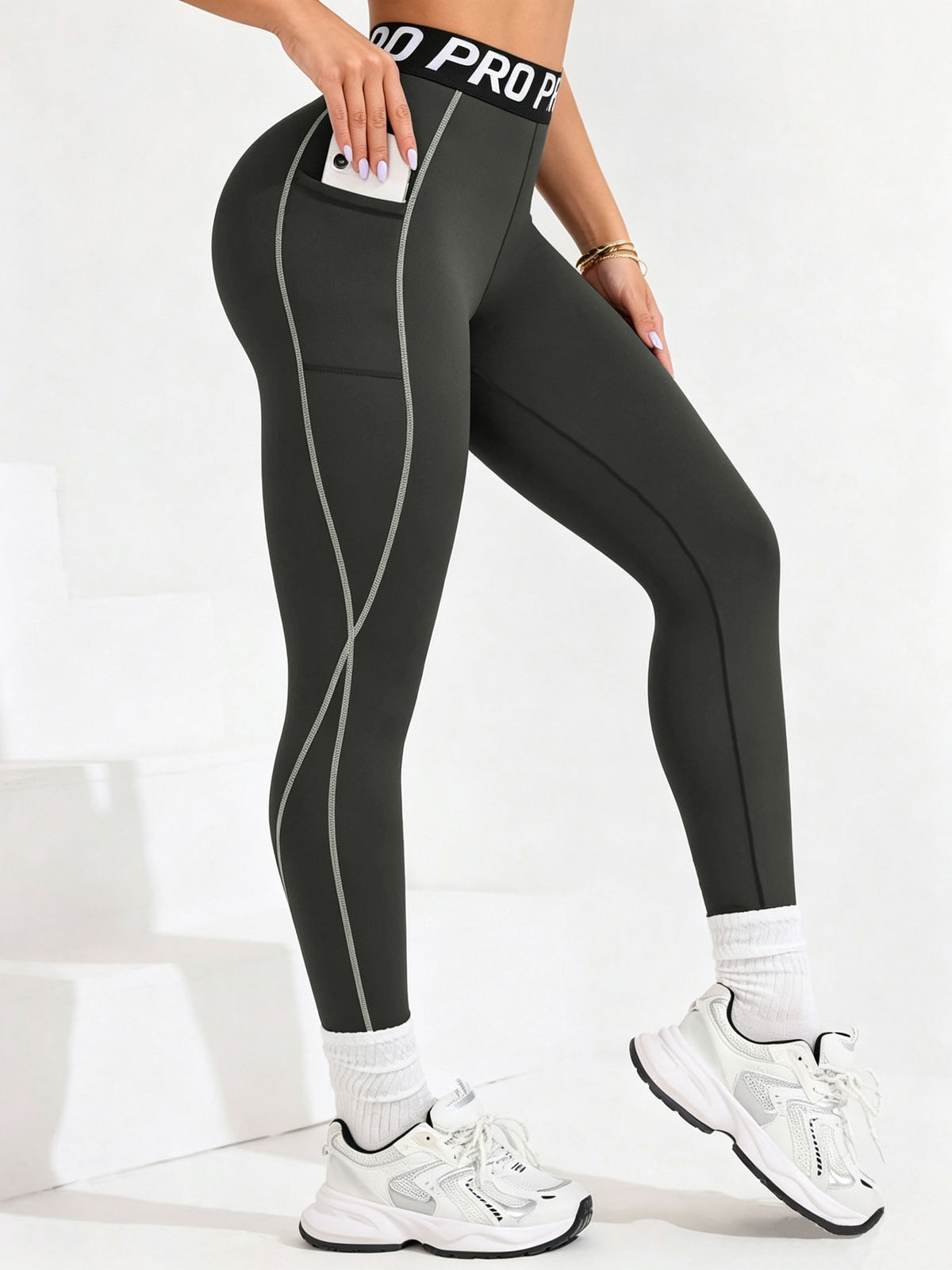 Letter Waistband Double Pocket Leggings - Grey