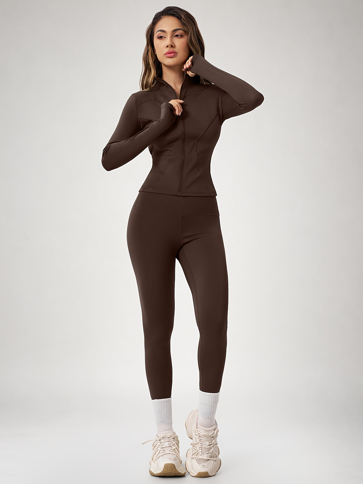 Thumbhole Cropped Zip Jacket & Leggings Set - Espresso