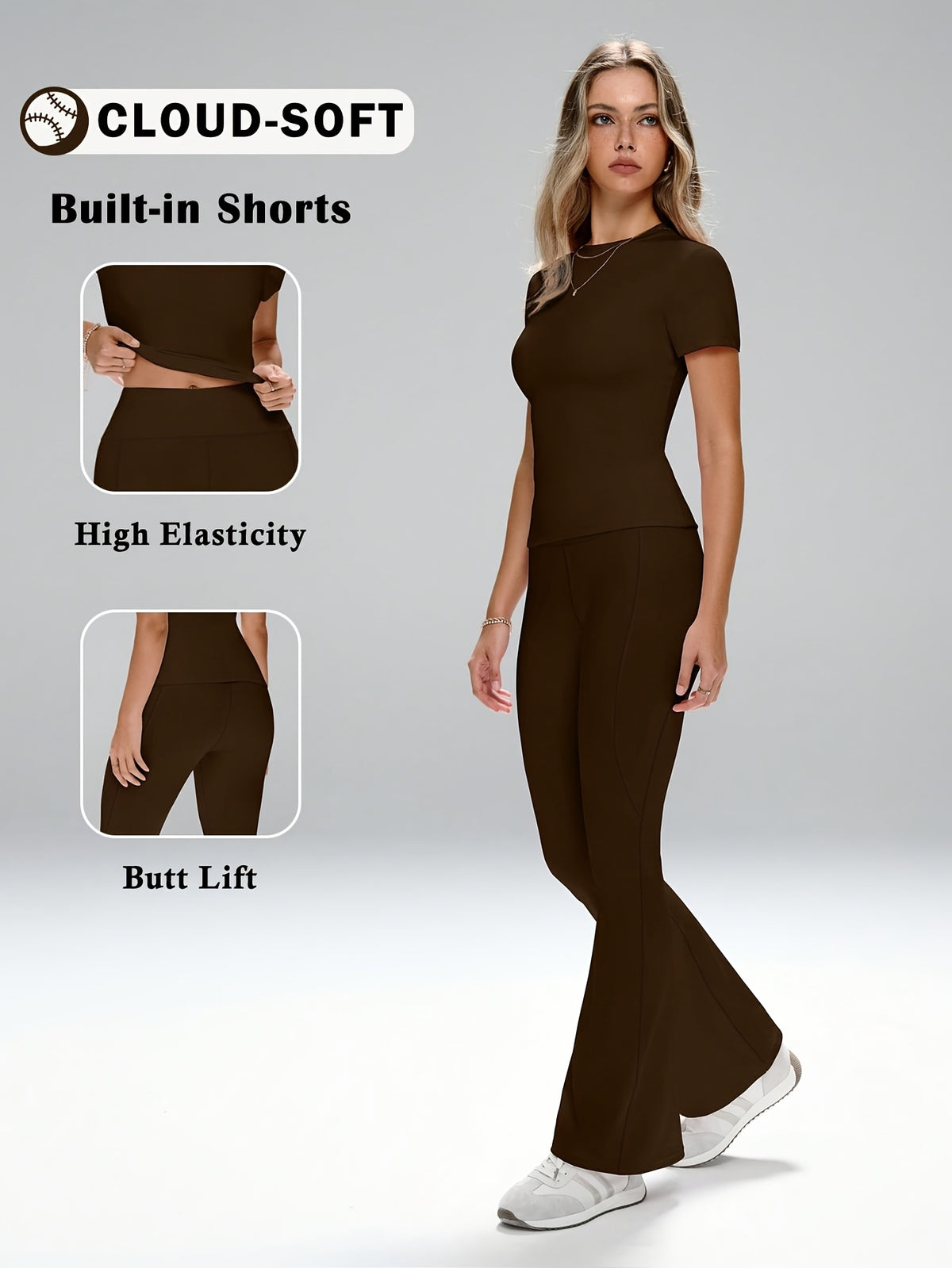 Short Sleeve Top & Flare Pants Set - Coffee