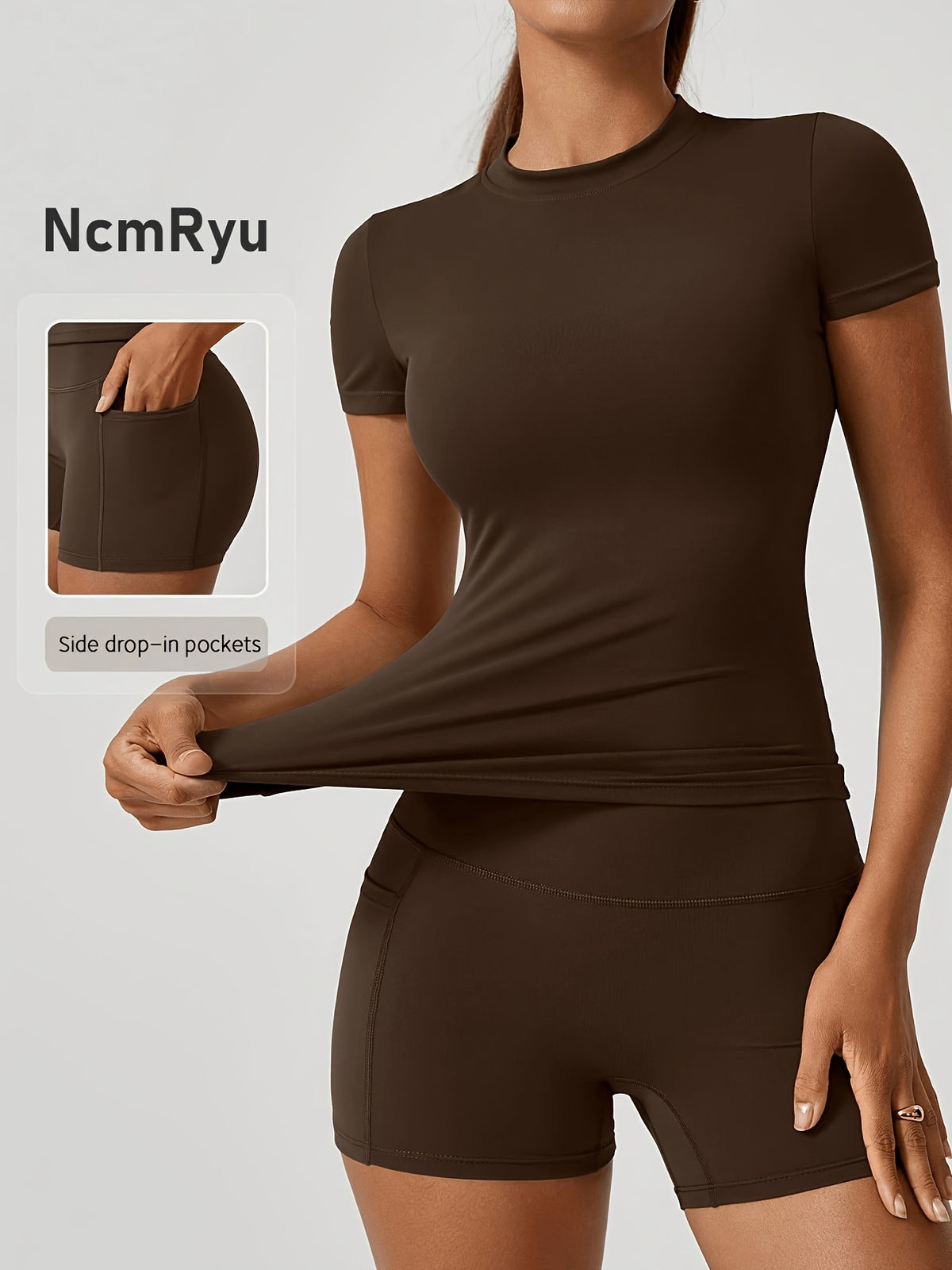 Fitted Tee & Pocket Shorts Set - Coffee