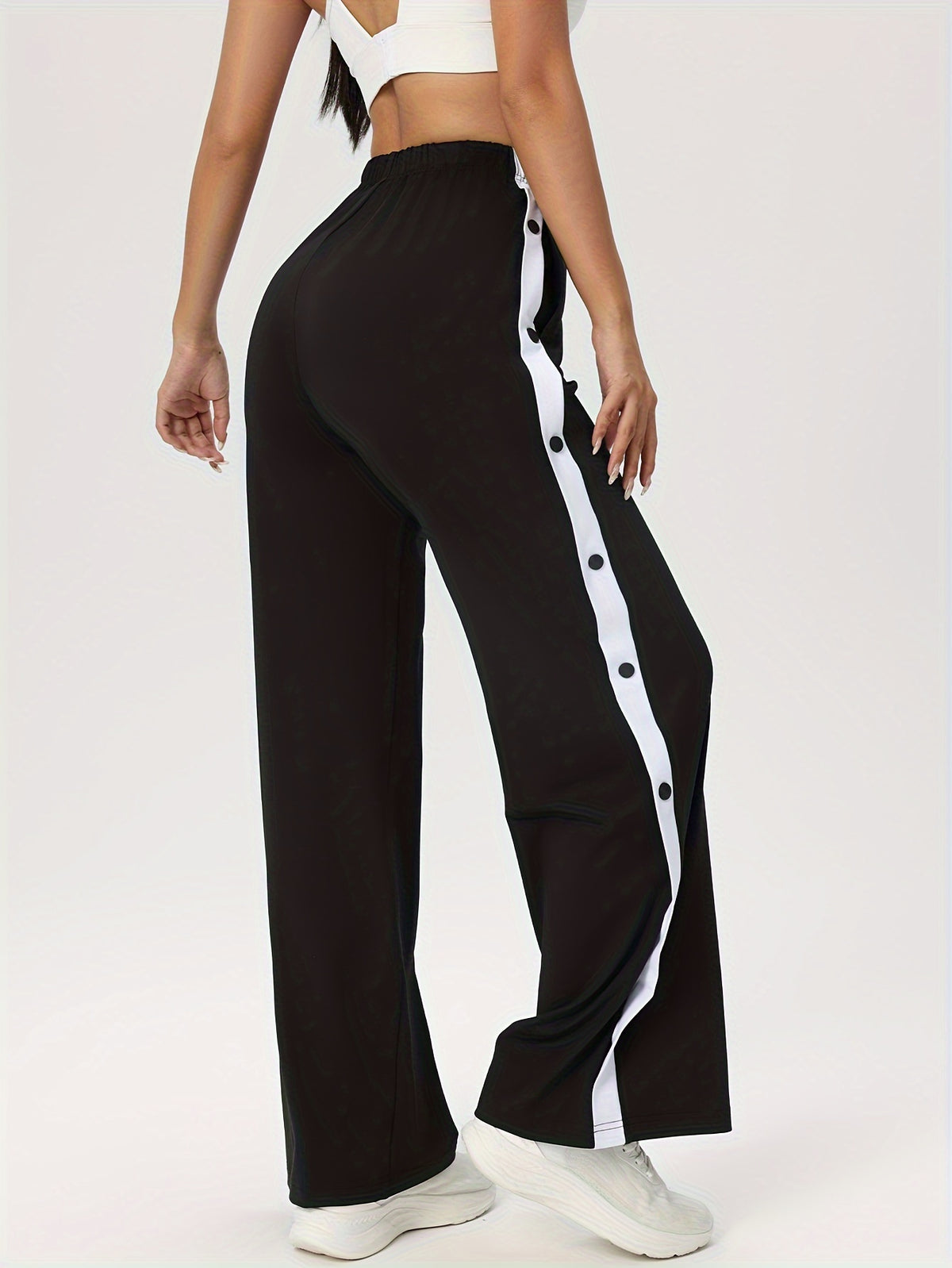 Side Stripe Button Waist Loose Pants - Black