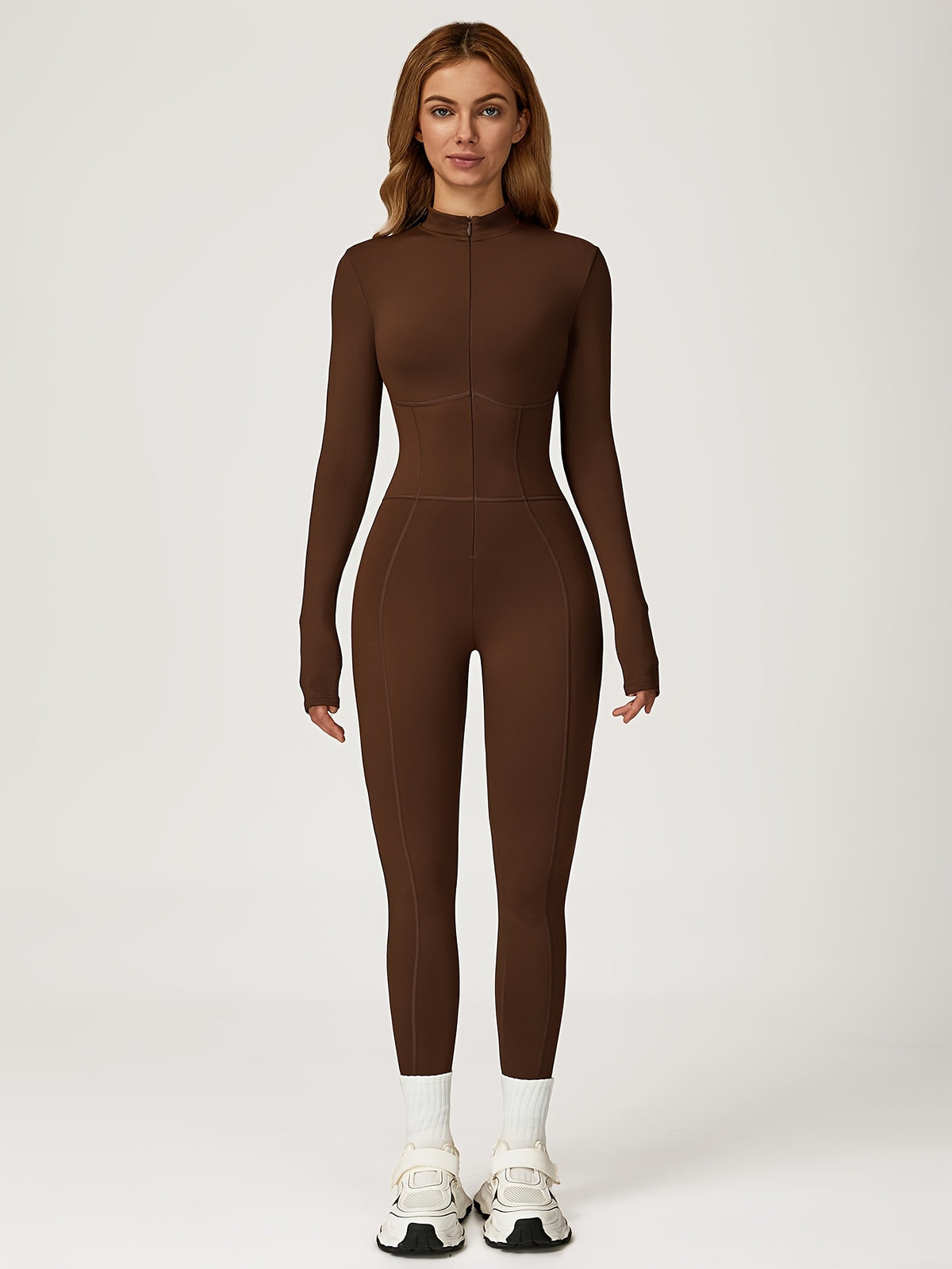 Zip Front Fitted Bodysuit - Coffee
