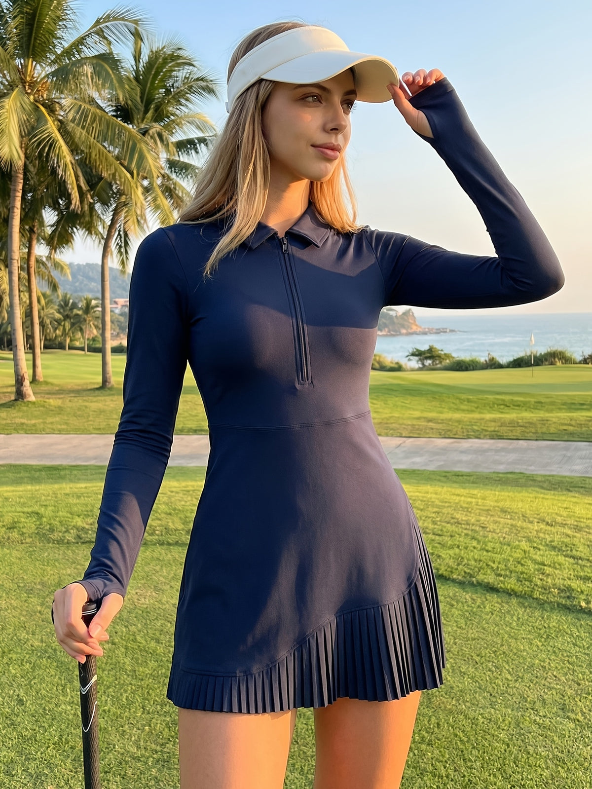 Collared Zip Tennis Dress - Navy