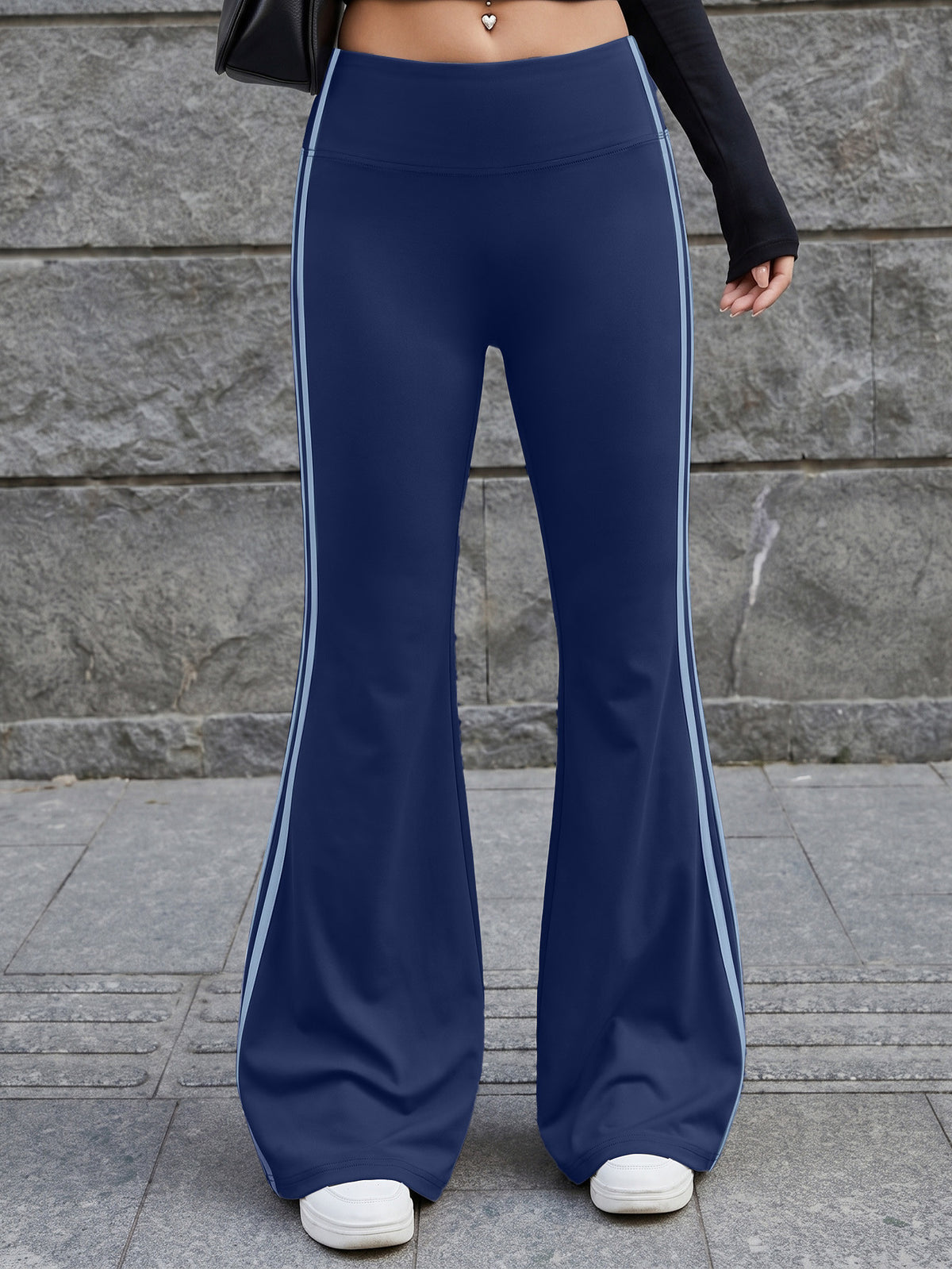 Vertical Stripe High Waist Flare Pants - Navy