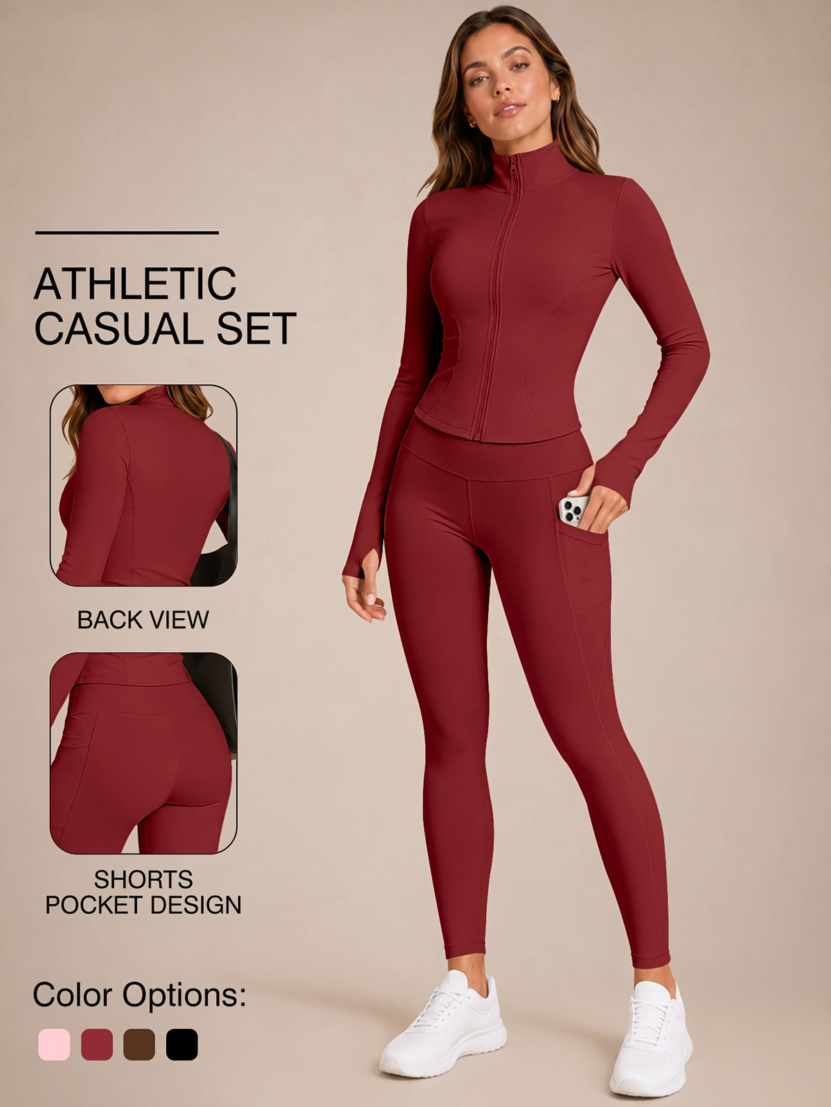 Stand Collar Jacket & Leggings Set - Burgundy