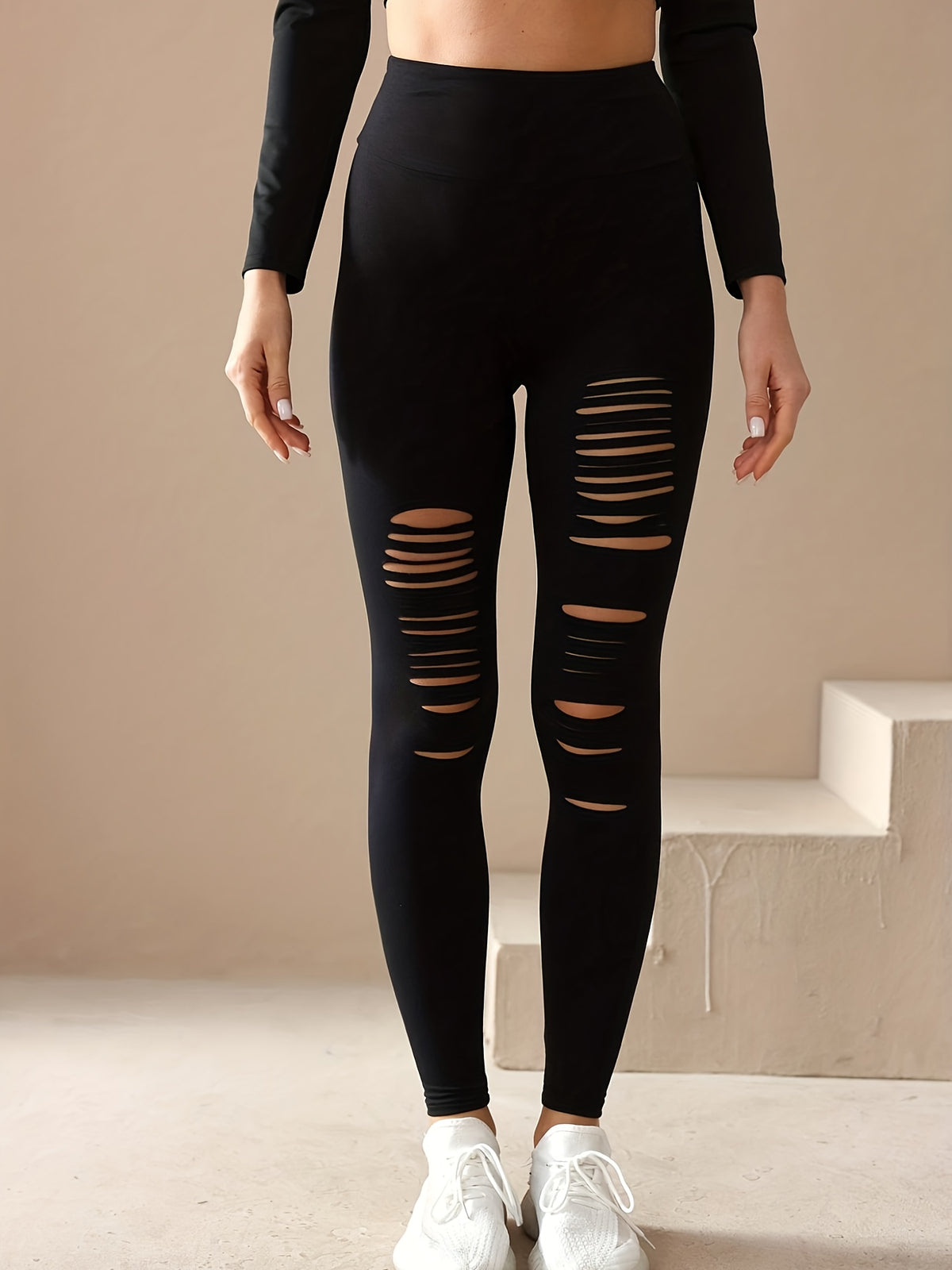 High Waist Distressed Yoga Leggings - Black