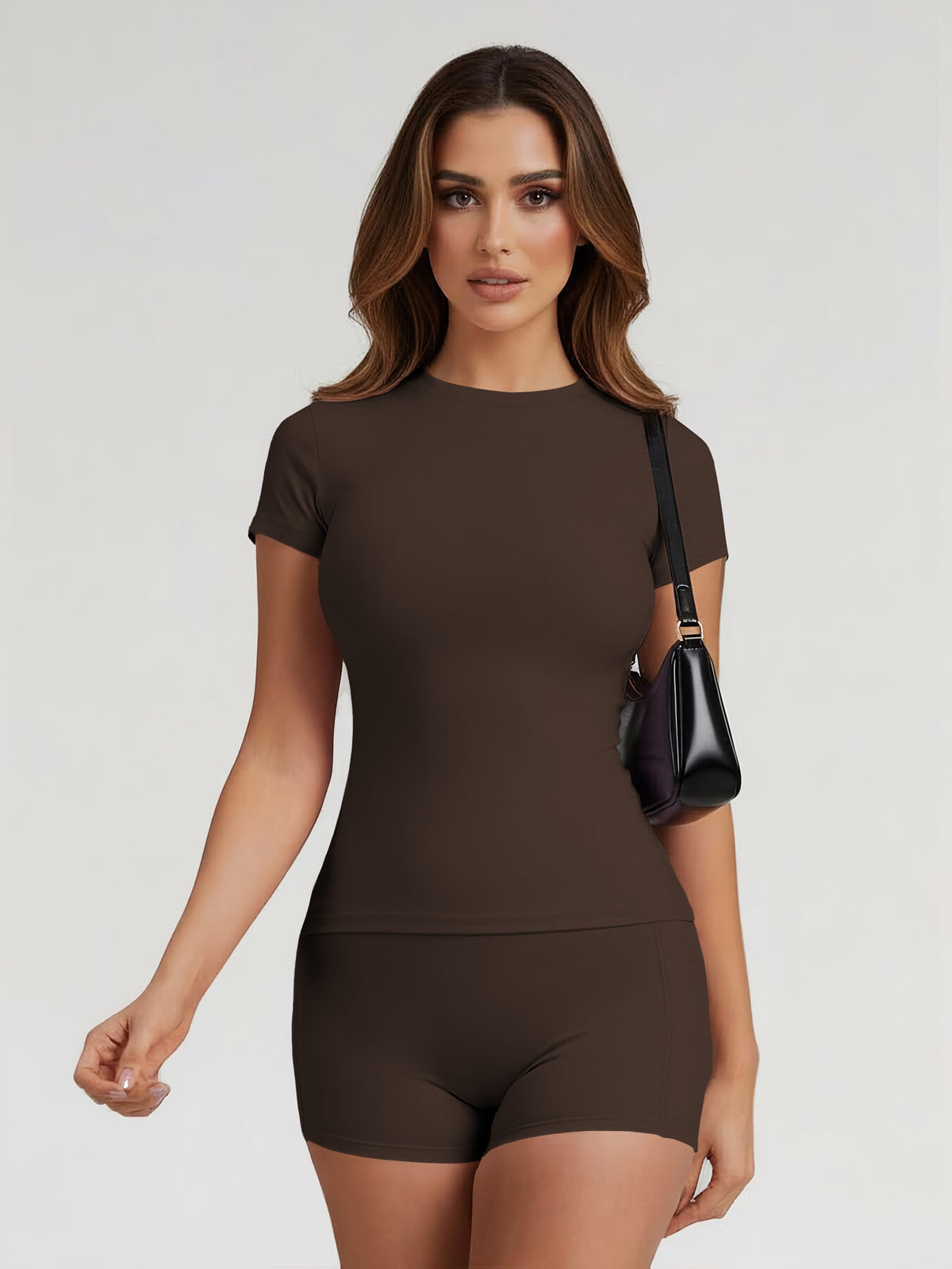 Tummy Control Top & Pocket Shorts Set - Brown