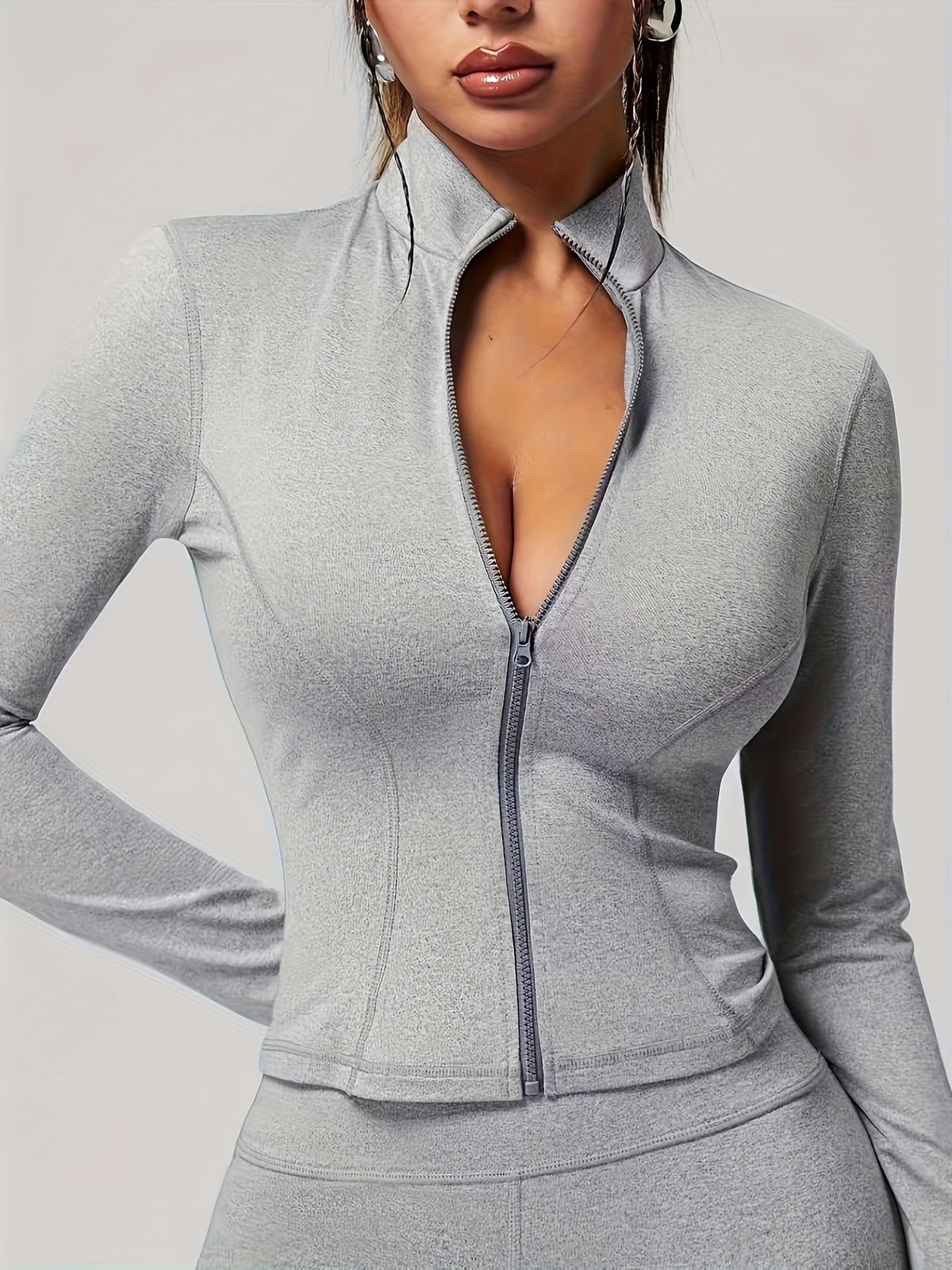 Slim Full Zip Long Sleeve Yoga Jacket - Light Grey