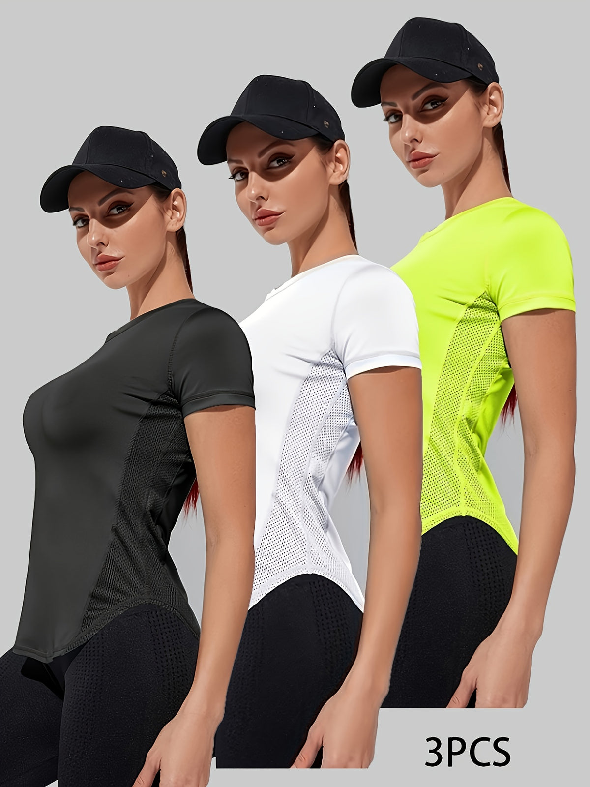 3 Pack Mesh Panel Sports Tees - Black, White & Green