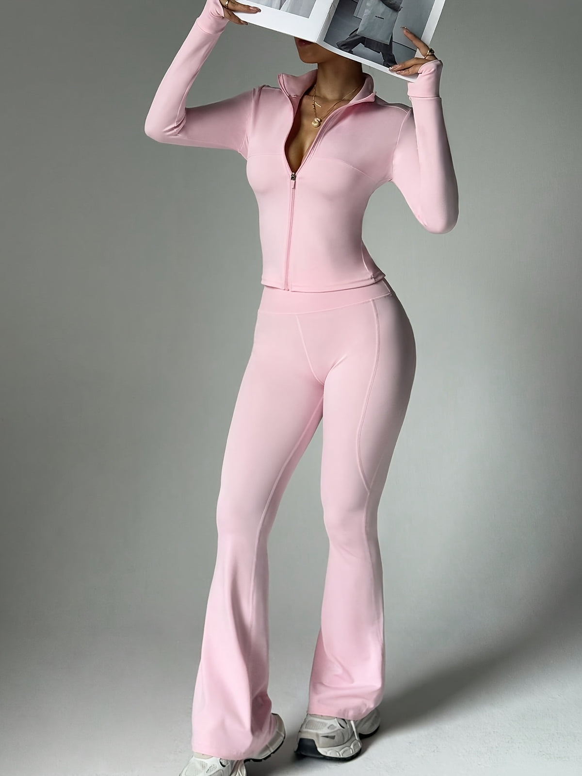 Long Sleeve Zip Flare Jumpsuit - Pink Red