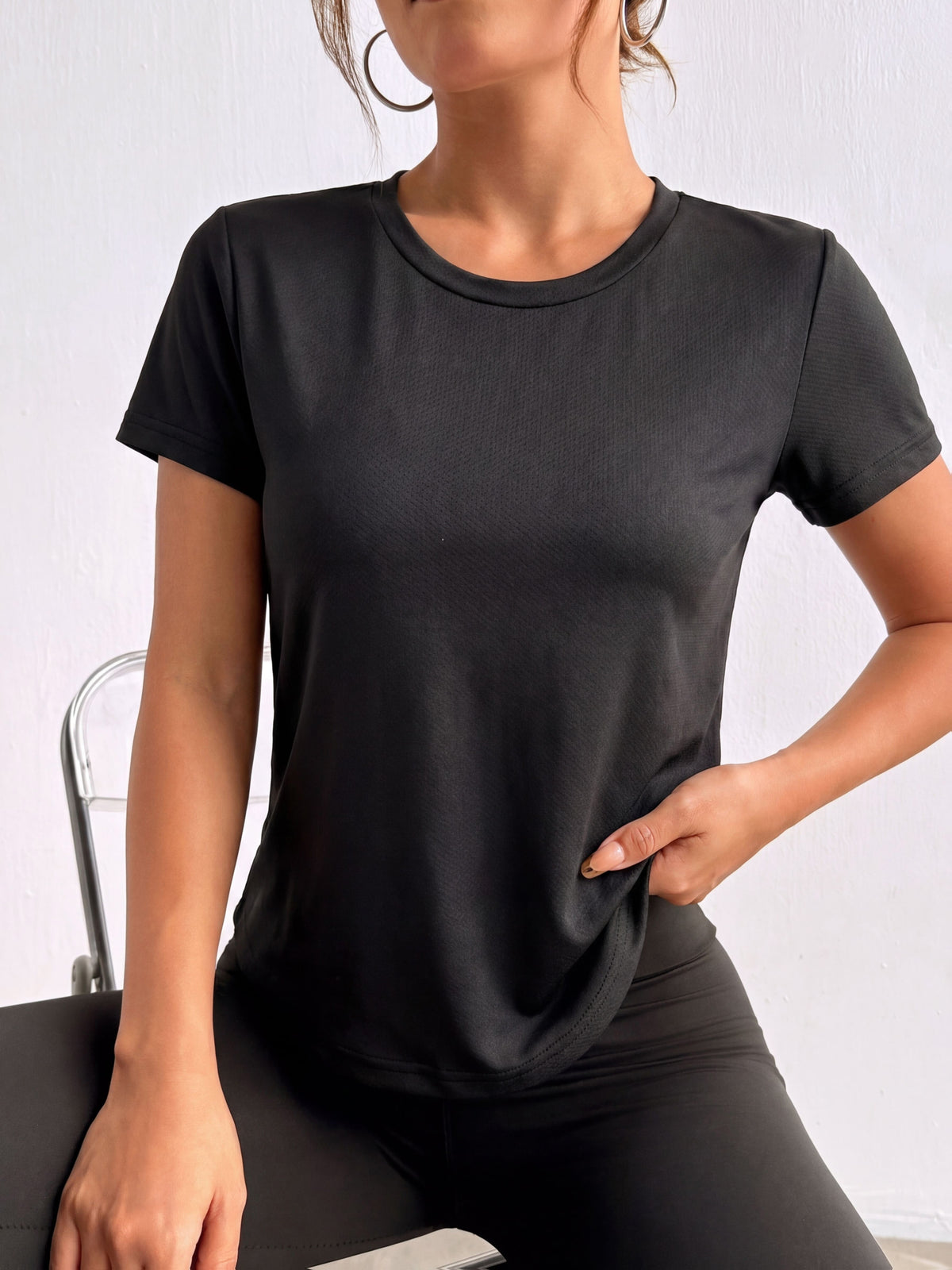 Slim Mid Sleeve Round Neck Tee - Black
