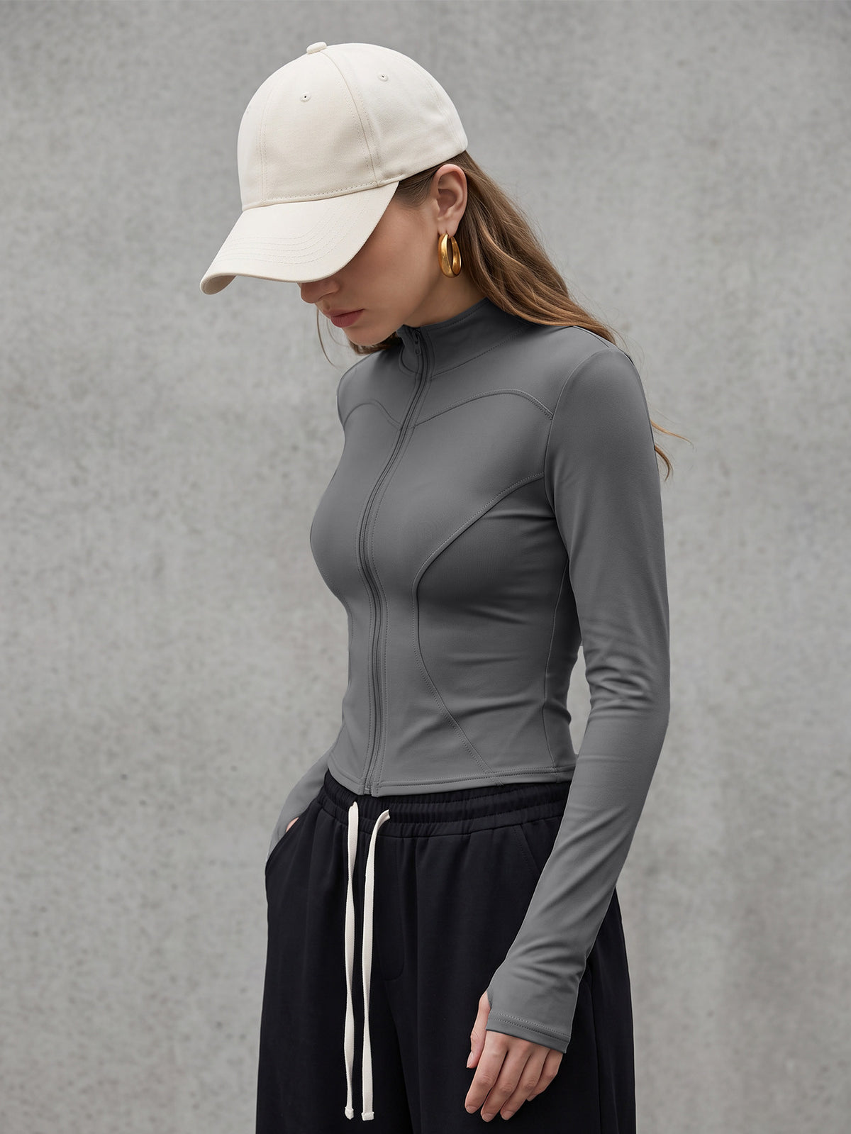 Thumbhole Stand Collar Zip Jacket - Grey
