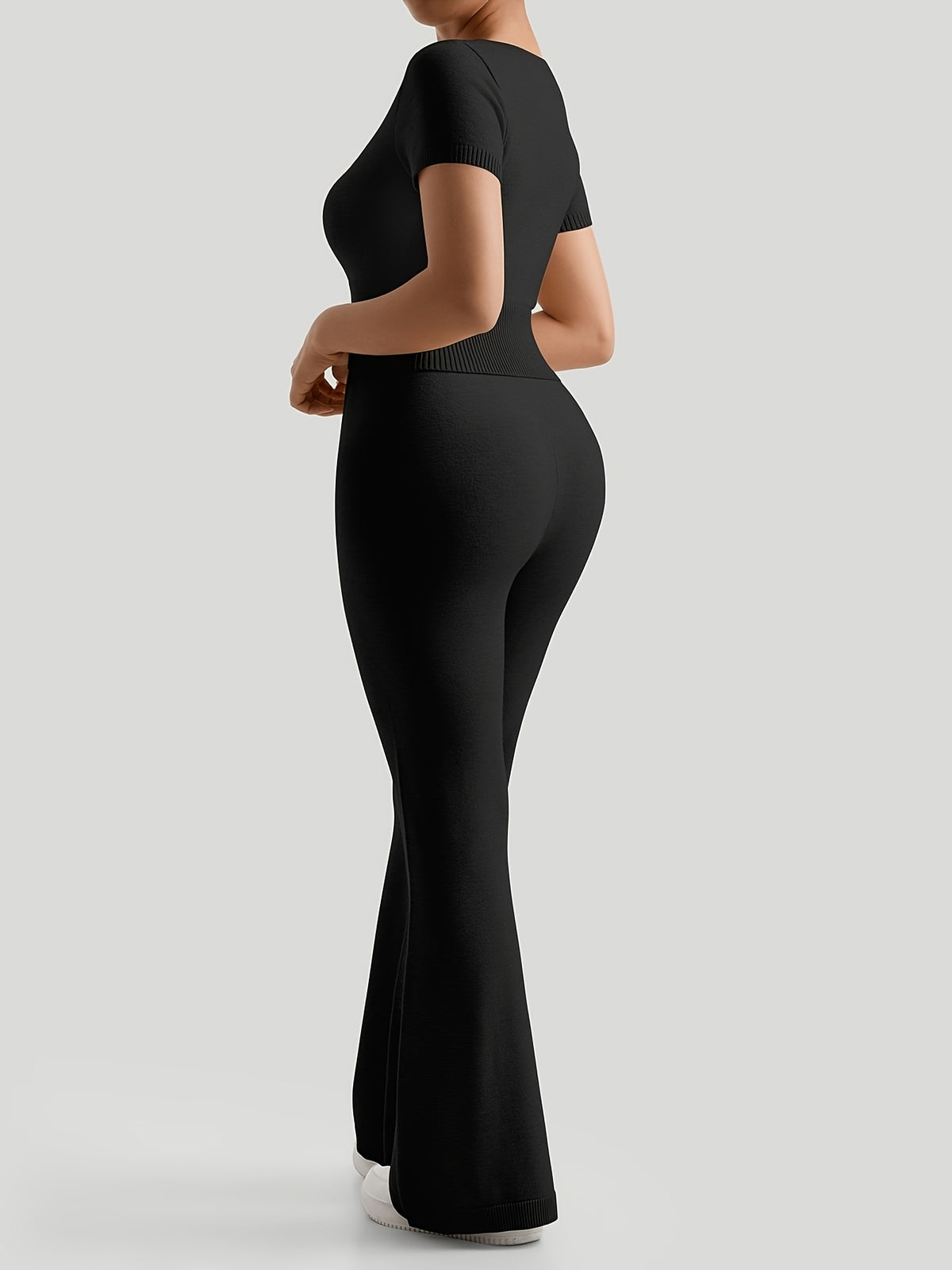 Seamless Square Neck Tee & Wide Leg Set - Black