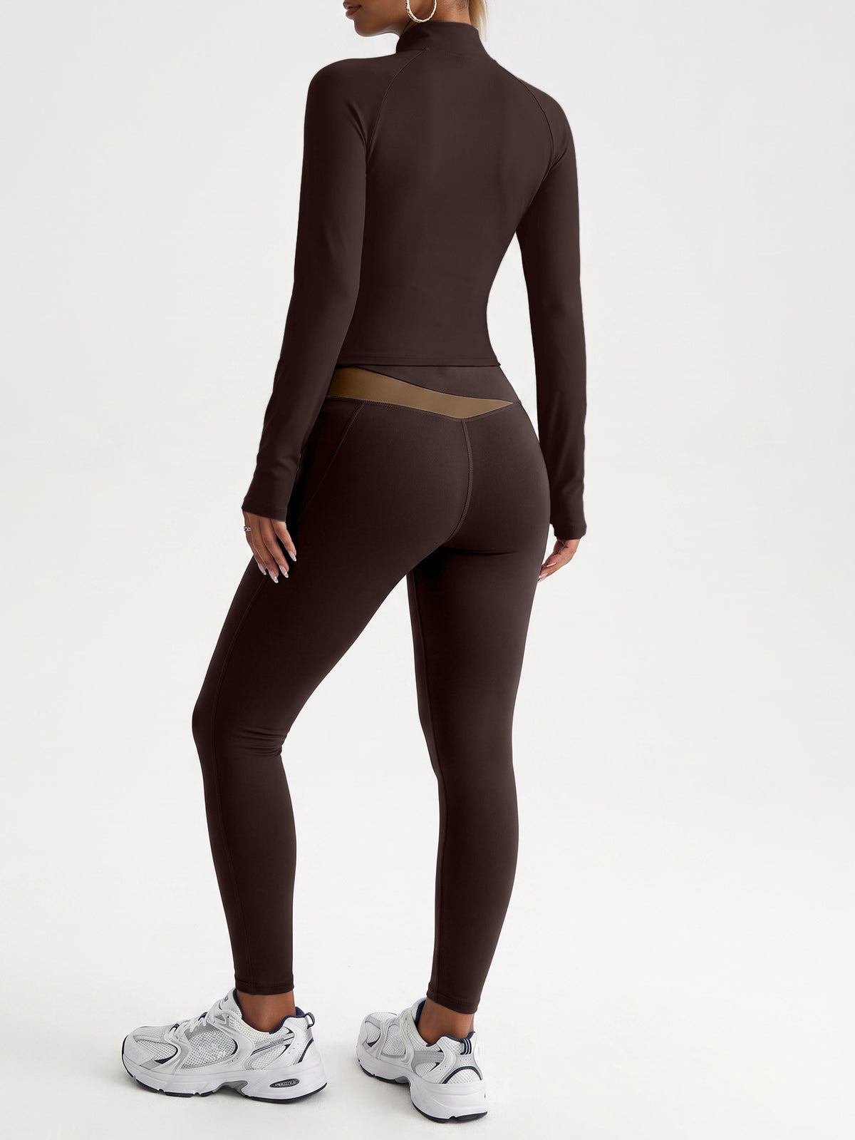 Contrast Zip Jacket & Lifting Leggings Set - Brown