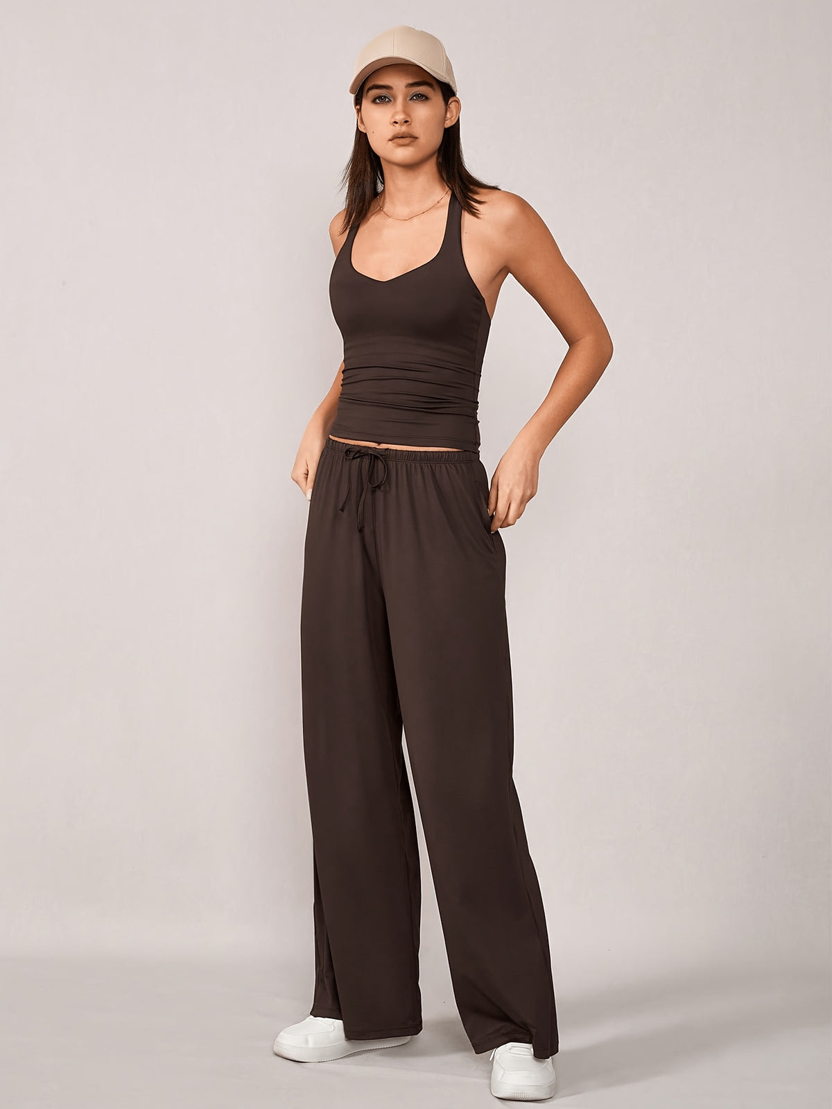 Racerback Tank & Wide Leg Pants Set - Coffee