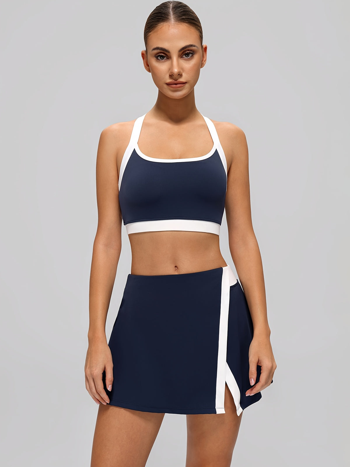 Tennis Bra & Slit Skirt Set - Navy