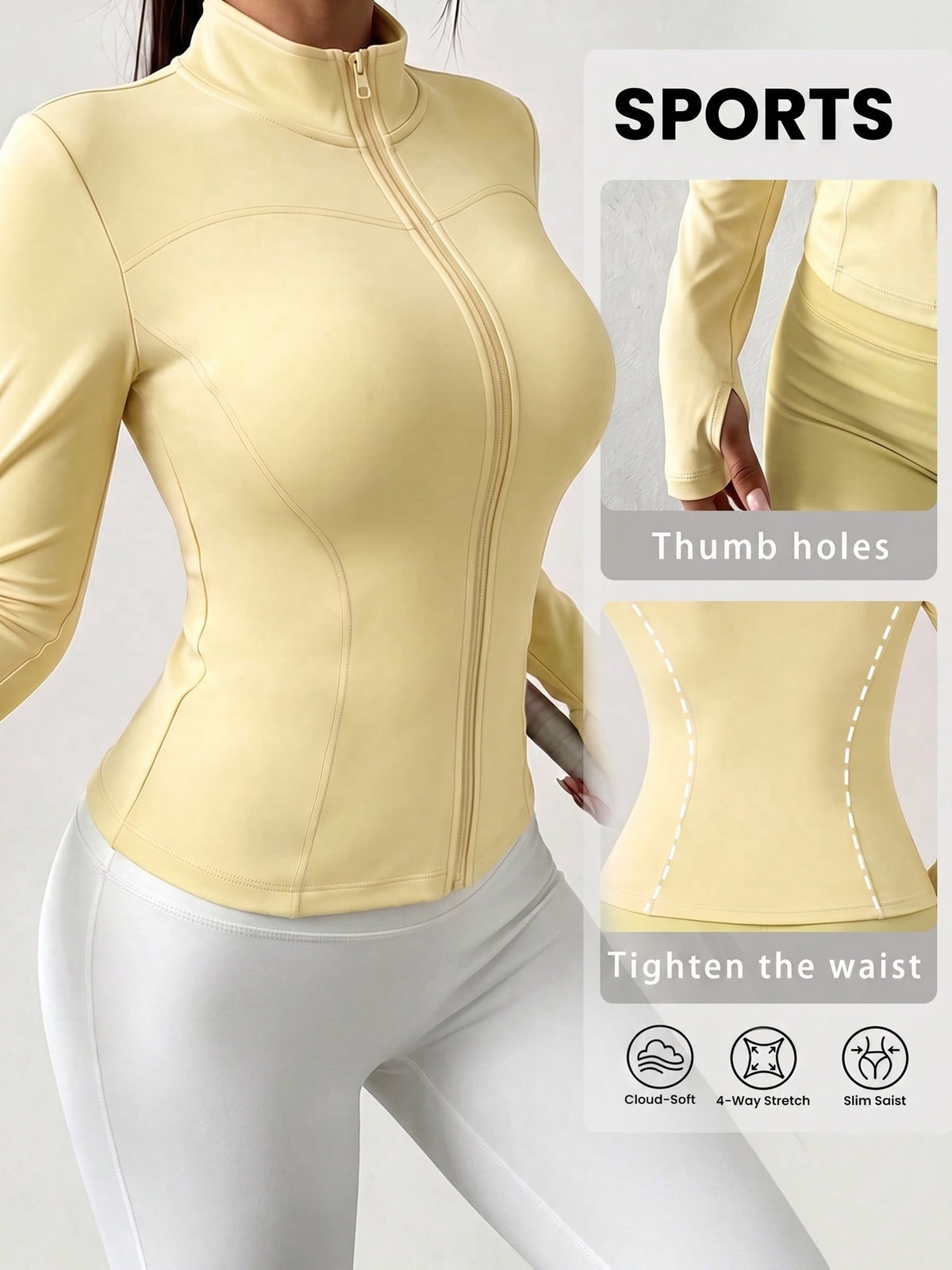 High Neck Thumbhole Zip Jacket - Bright Yellow