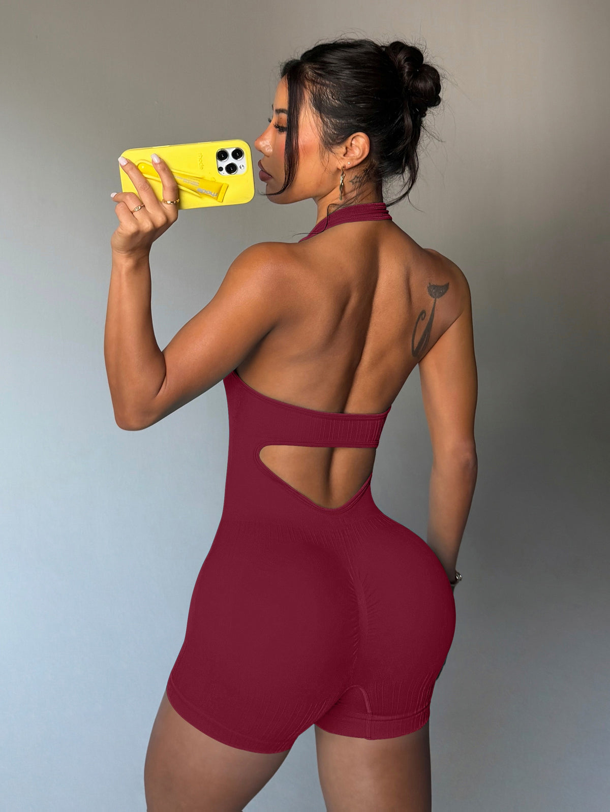 Halter Cutout Back Romper - Burgundy