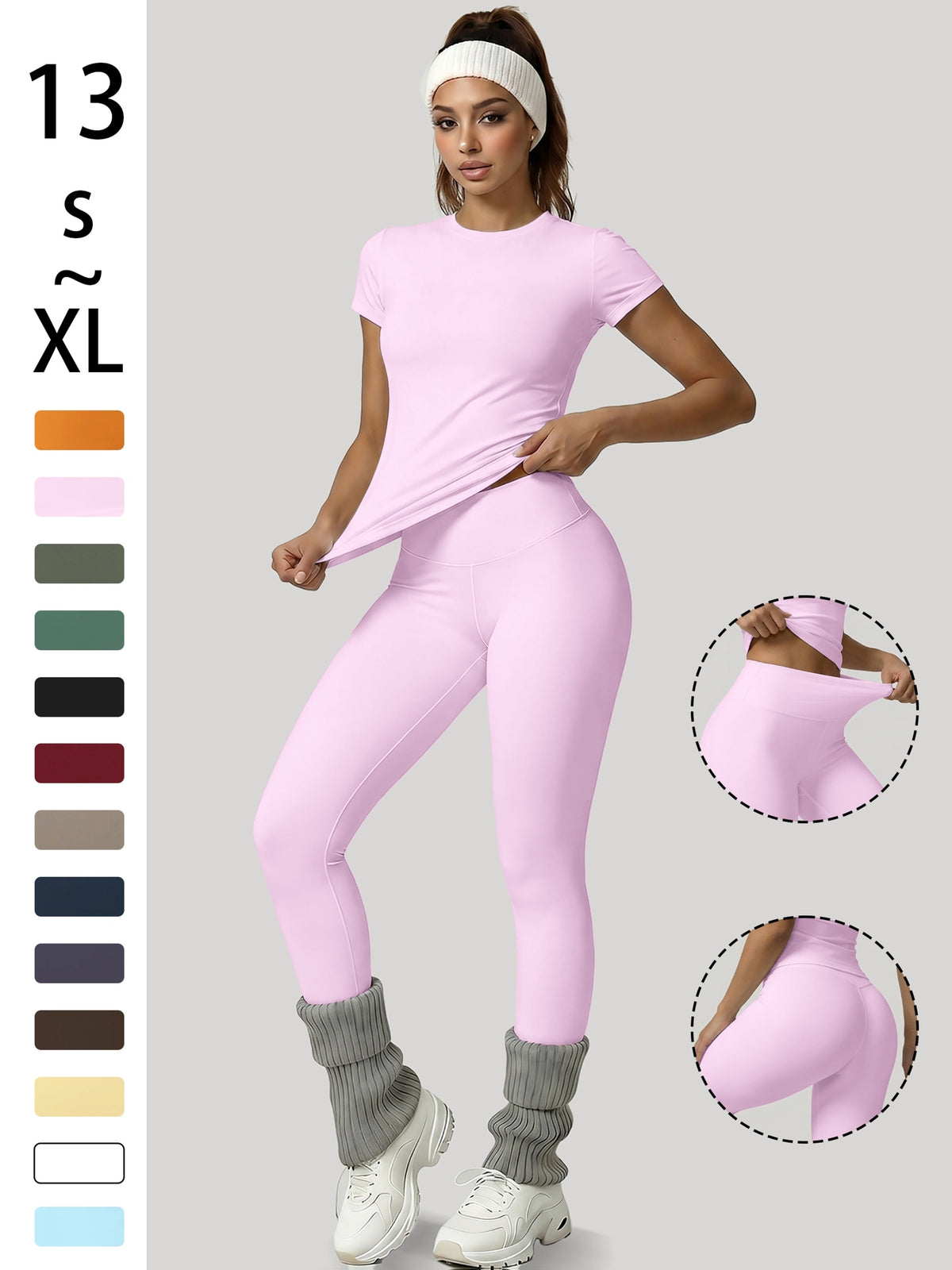 Round Neck Top & Tummy Tuck Leggings Set - Pink