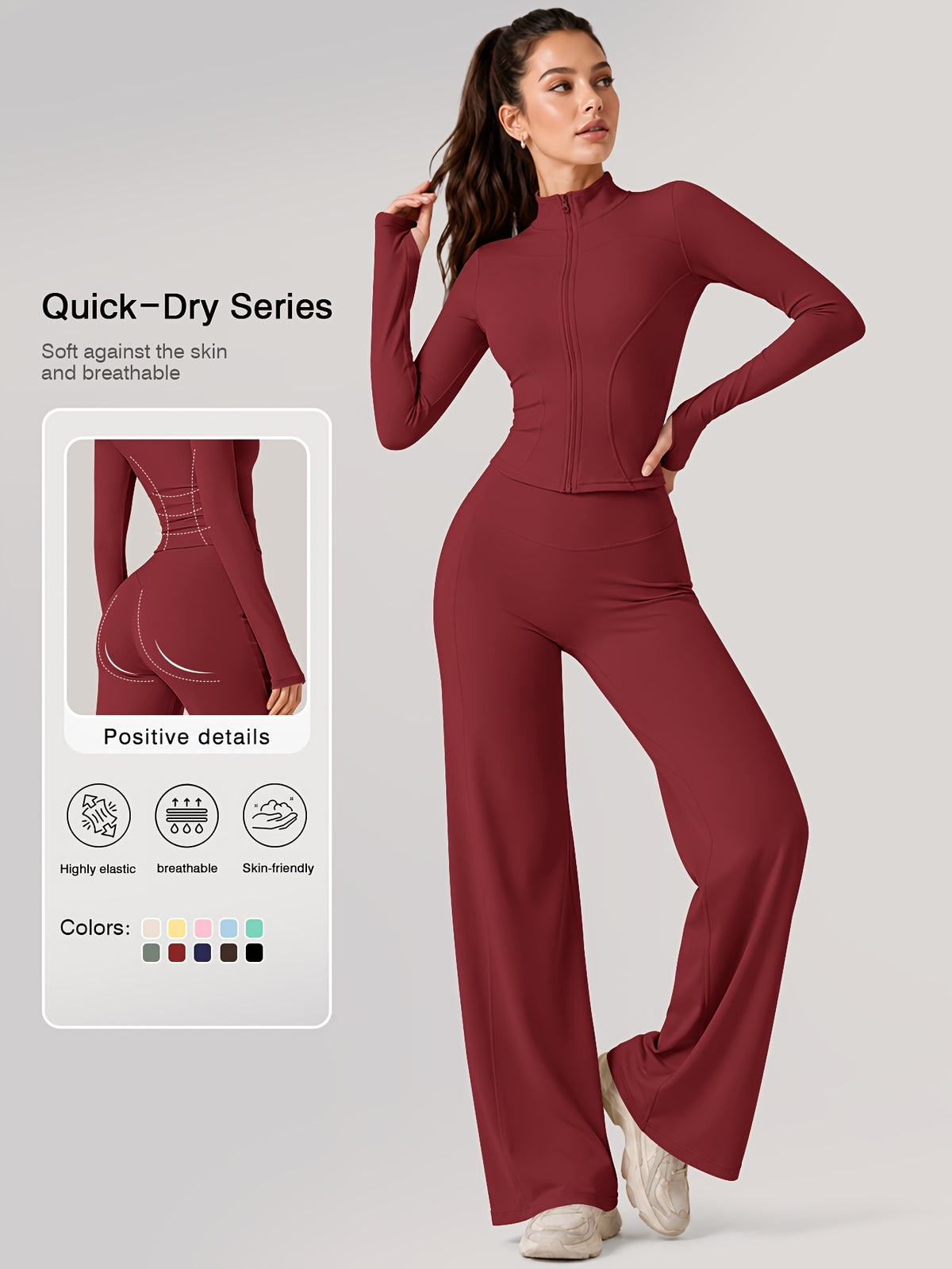 Zip Jacket & Wide Leg Pants Set - Burgundy