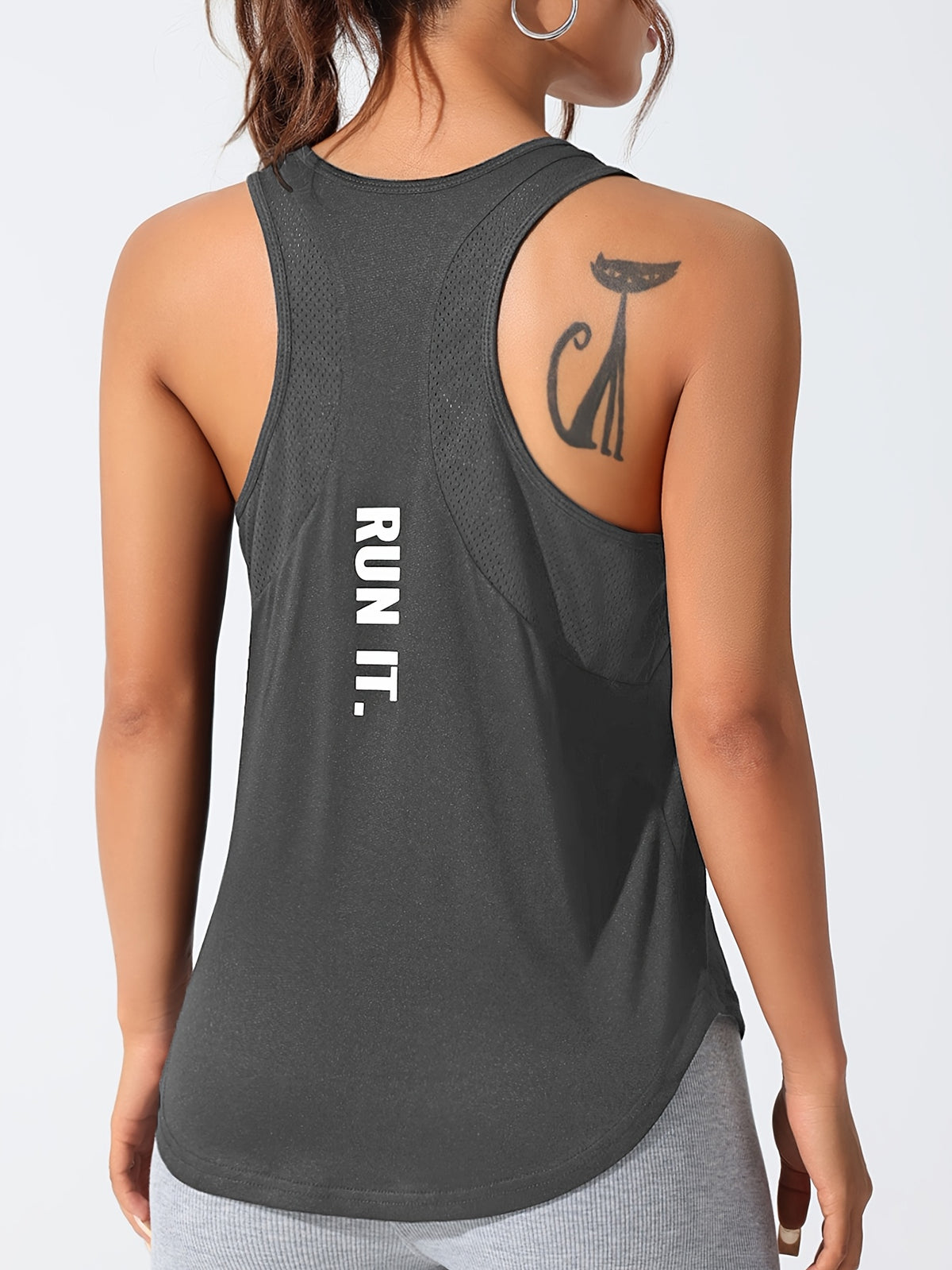 Mesh Panel Letter Print Tee & Vest Set - Black & Dark Gray