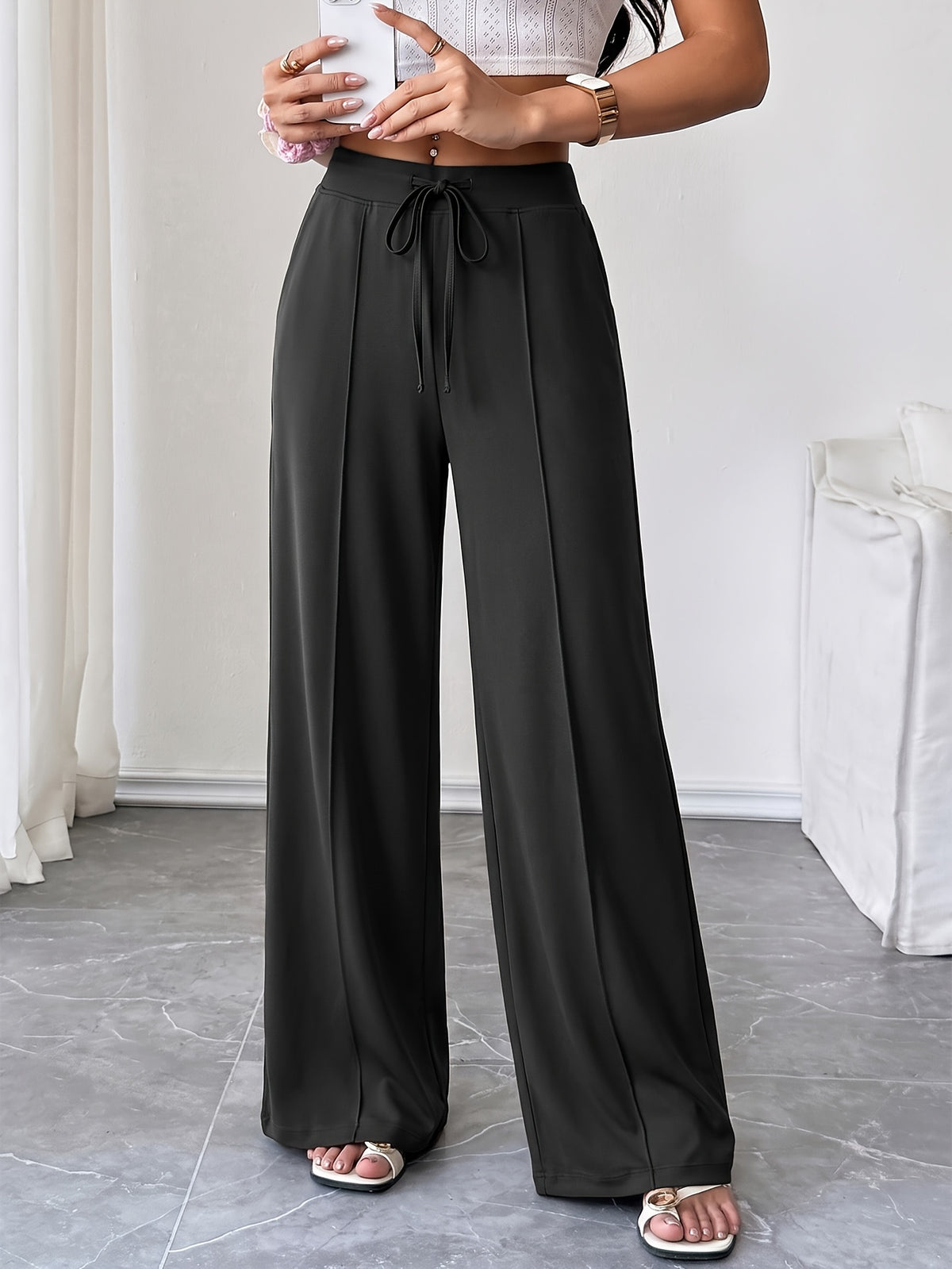 Drawstring Flowy Wide Leg Pants - Black