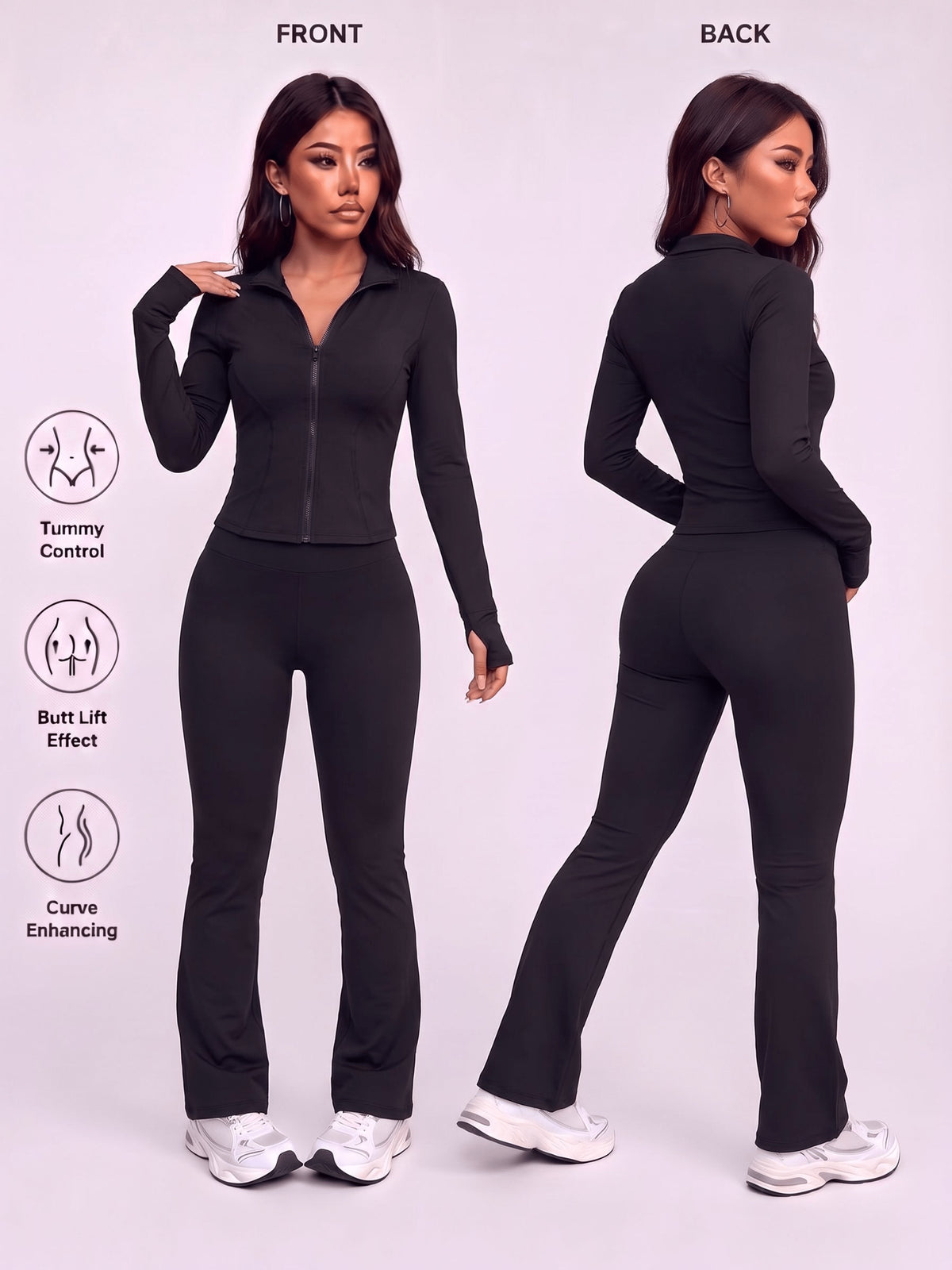 Thumbhole Zip Jacket & Flare Pants Set - Black