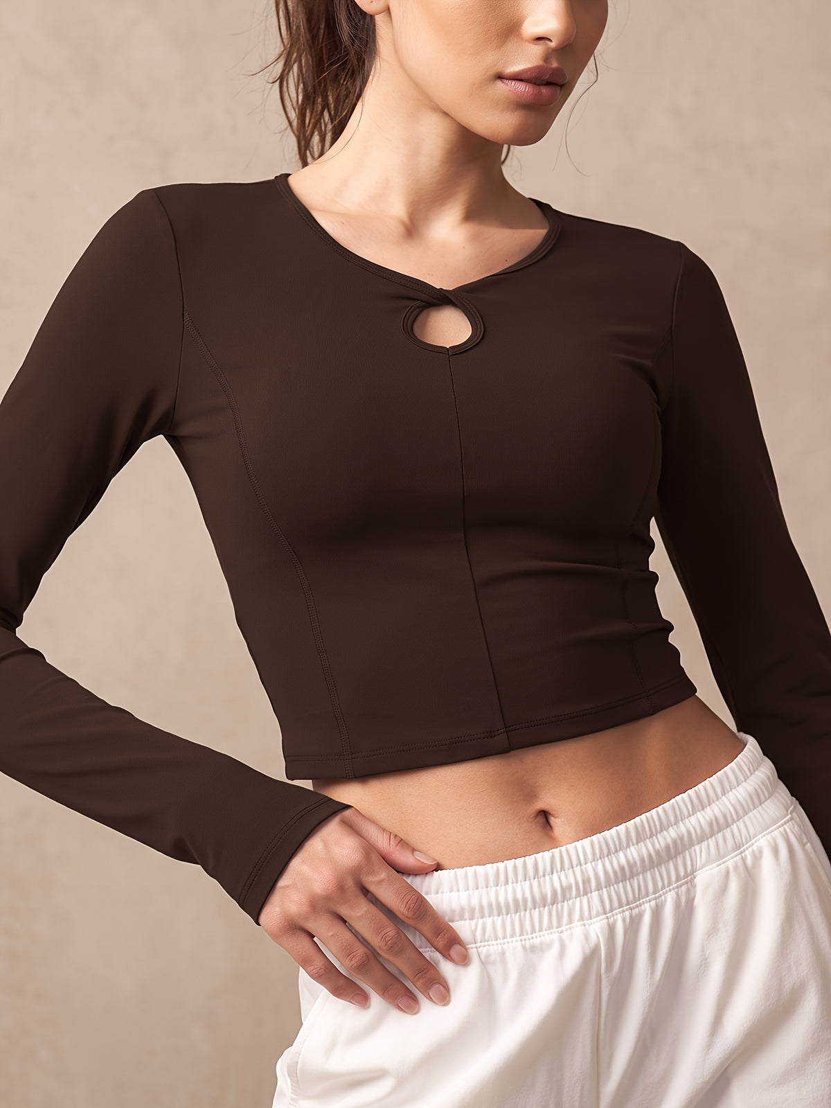 Cutout Twist Knot Long Sleeve Top - Coffee