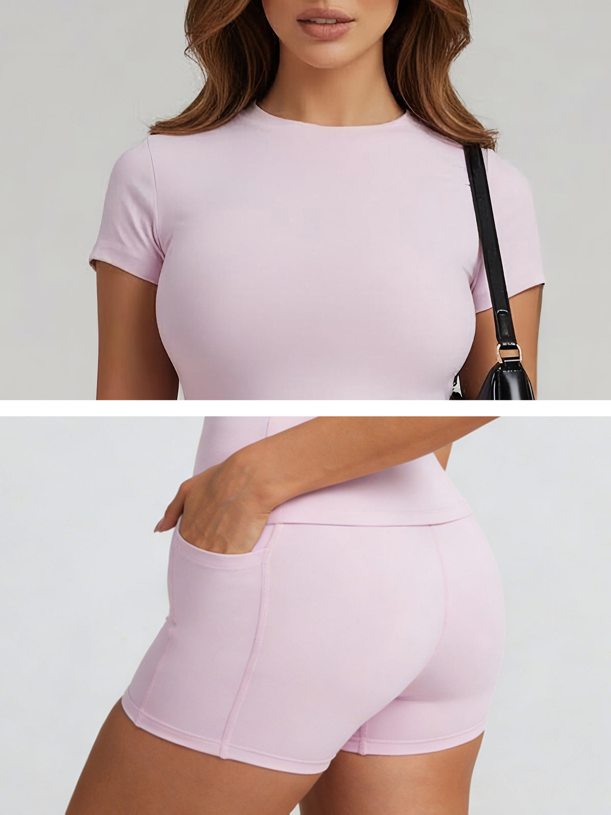 Tummy Control Top & Pocket Shorts Set - Pink