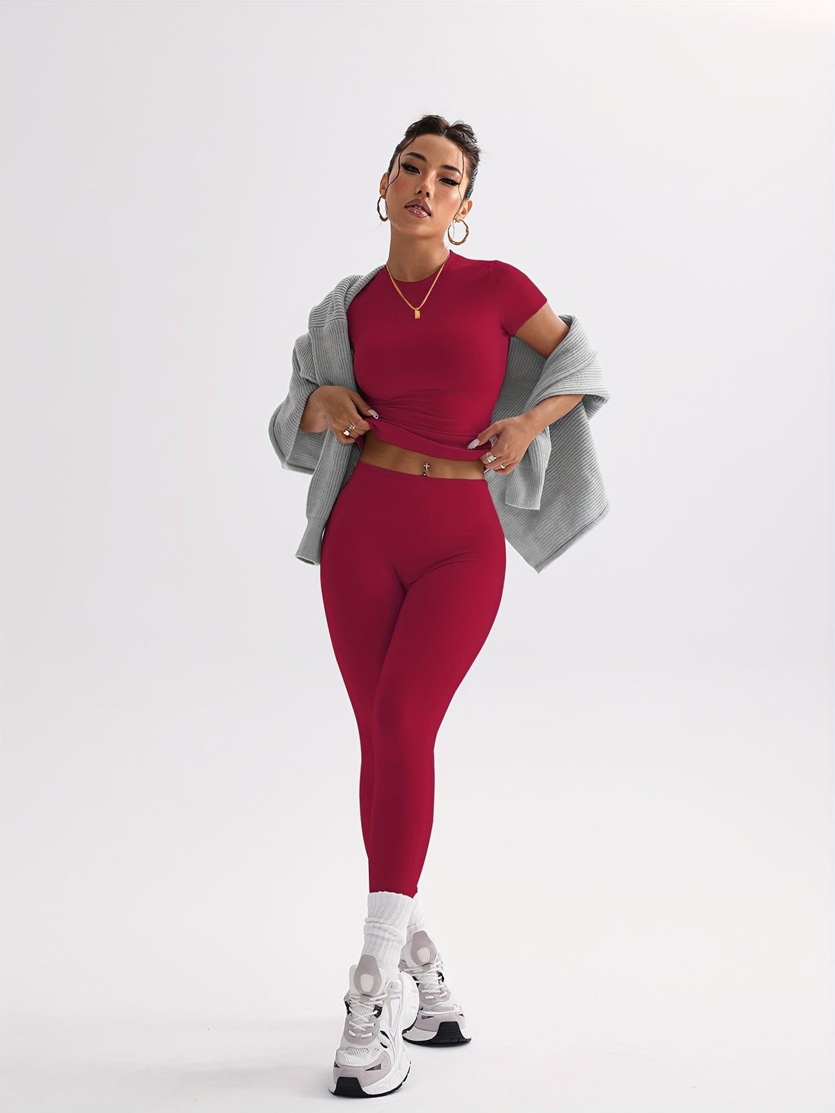 Cropped Tee & Leggings Set - Red