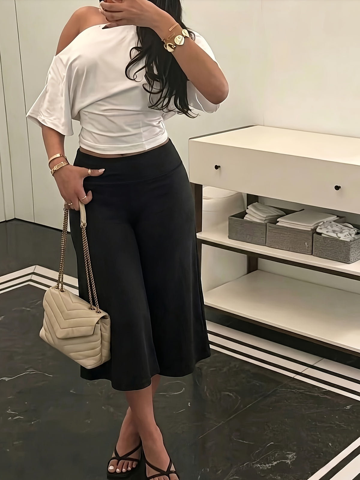 High Waist Wide Leg Capri Pants - Black