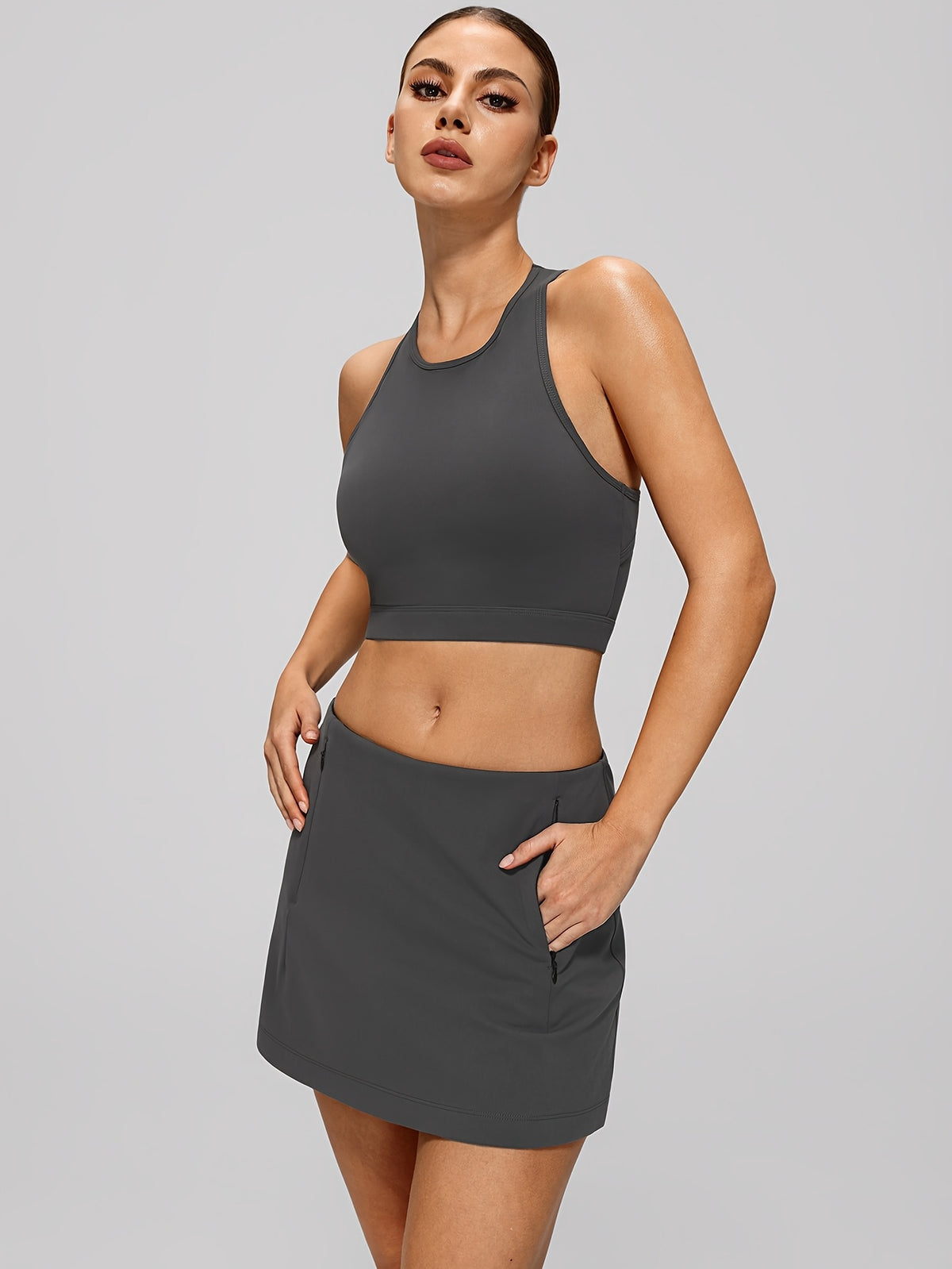Cutout Cross Back Tank & Shorts Set - Lead Grey