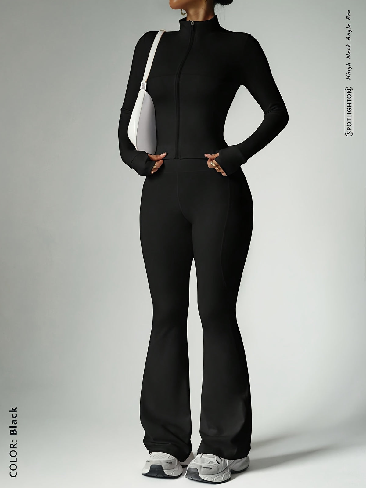 Long Sleeve Zip Flare Jumpsuit - Black