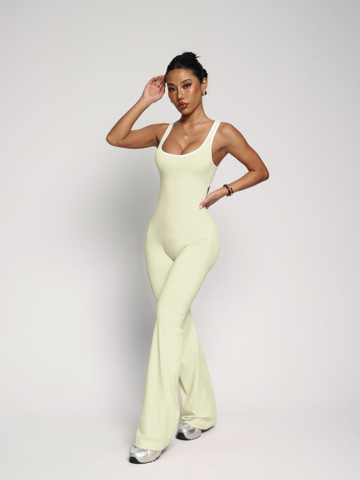 Backless Cami Flare Leg Jumpsuit - Light Yellow