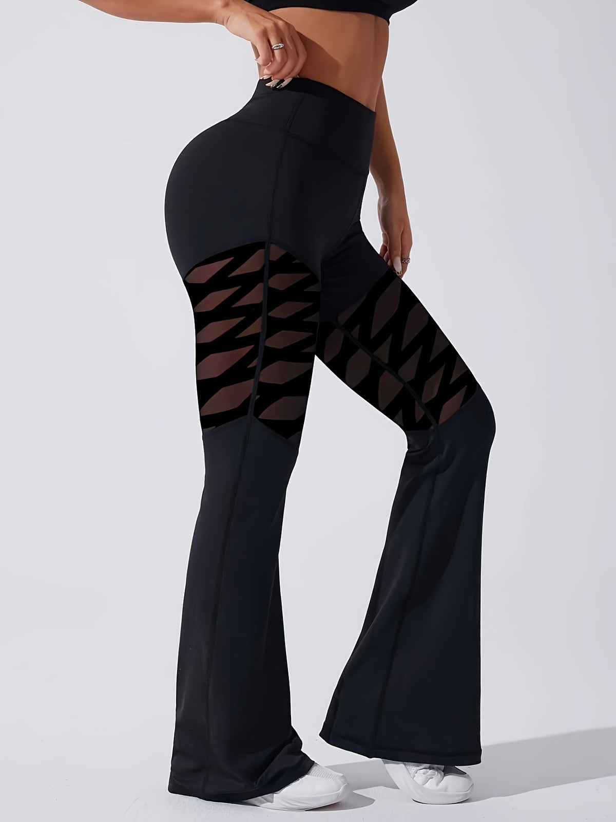 Flocked Mesh Panel Flare Leggings - Black