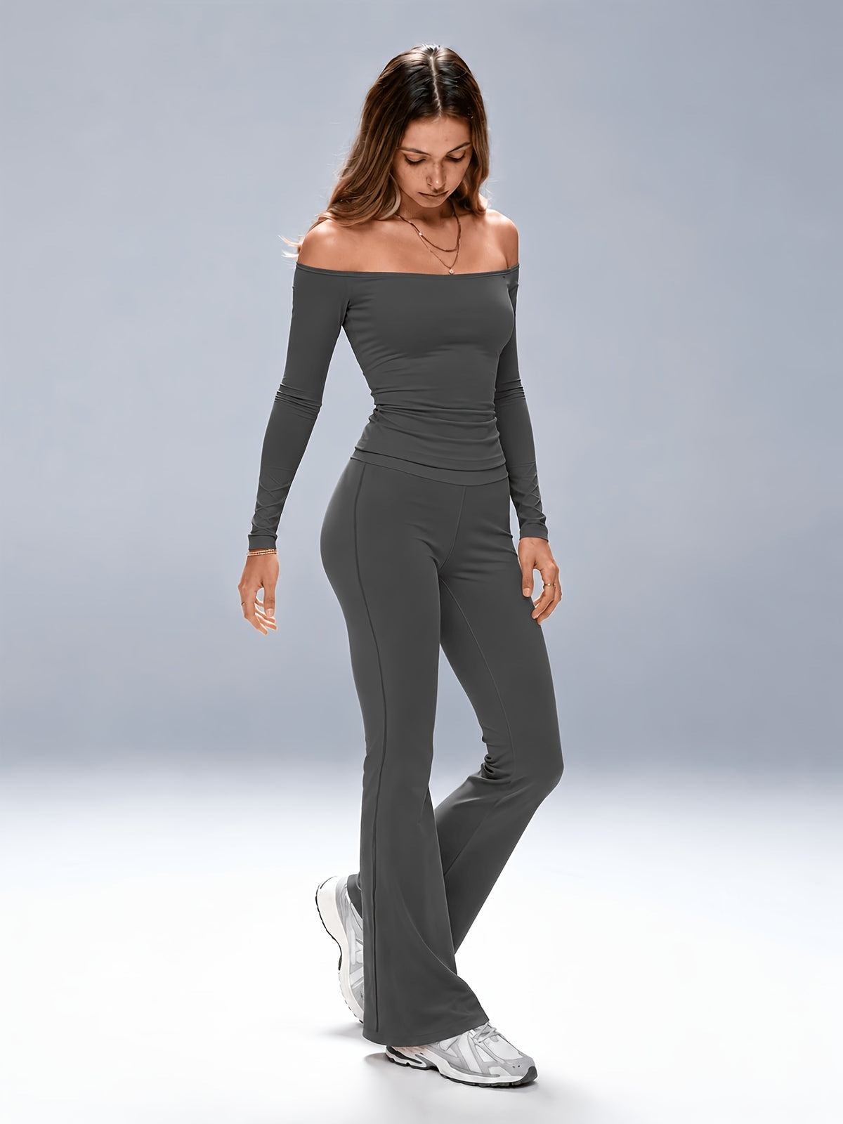 Off-Shoulder Top & Flared Joggers Set - Dark Gray