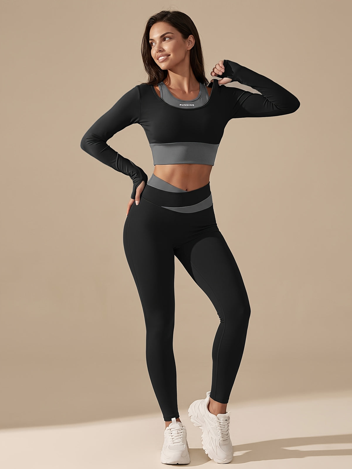 Faux Two-Piece Contrast Top & Leggings Set - Black