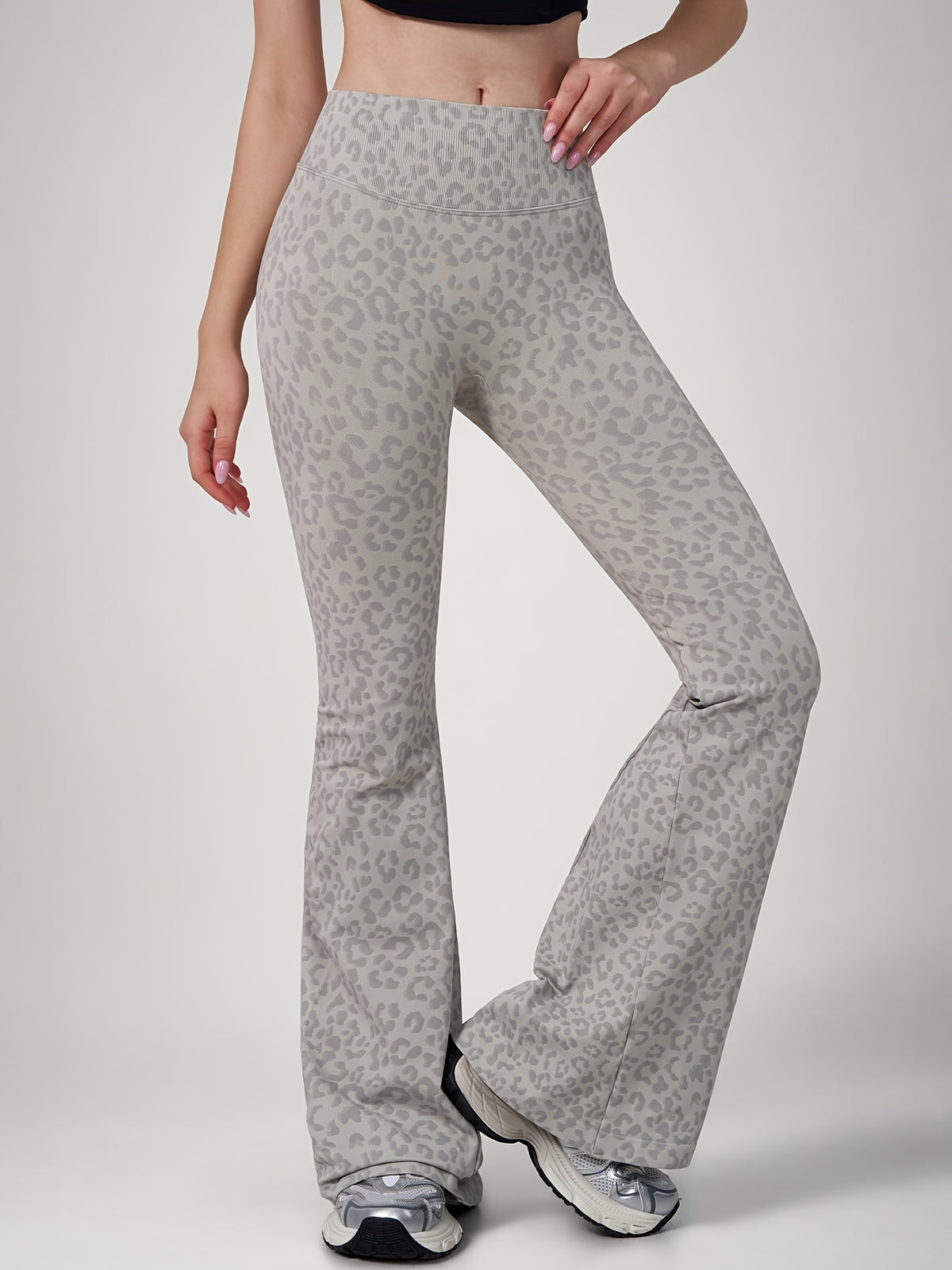Leopard Print Flare Leggings - Light Grey