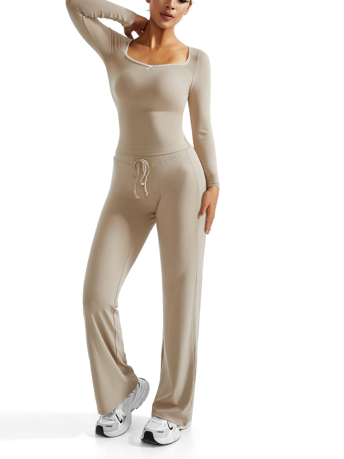 Long Sleeve High Waist Straight Pants Set - Khaki