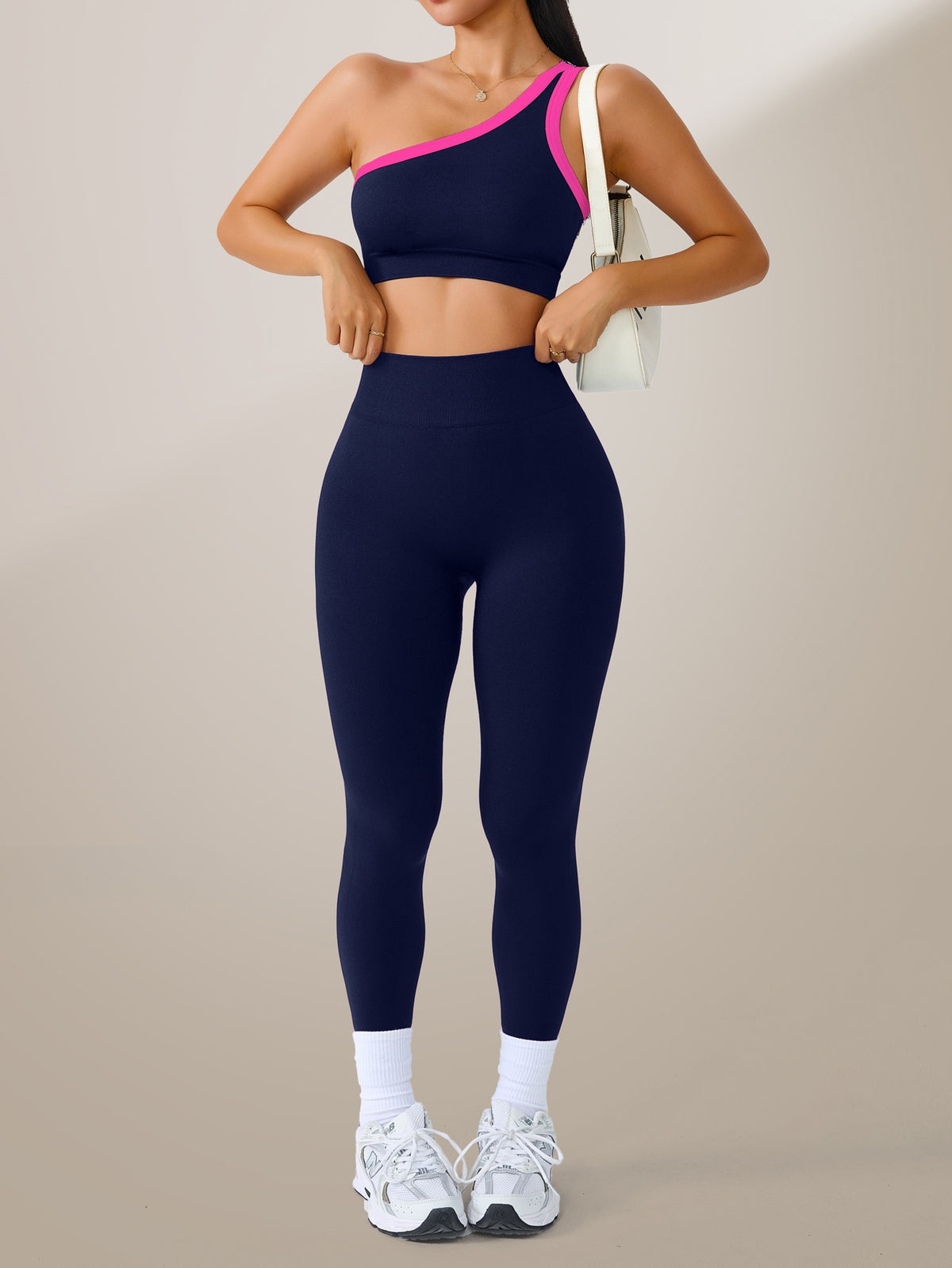One Shoulder Bra & Leggings Set - Navy & Pink