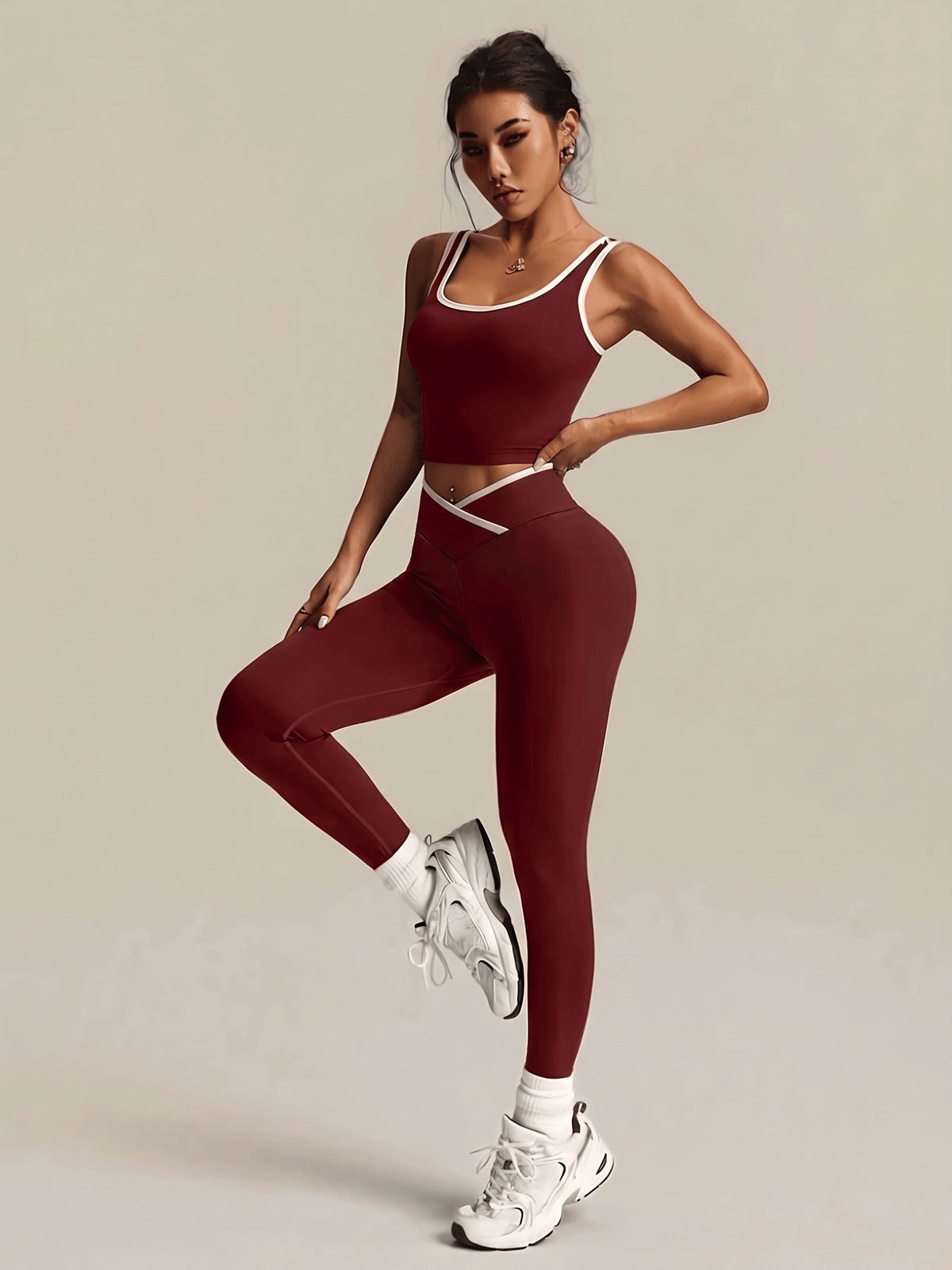 Crossover Waist Top & Leggings Set - Burgundy