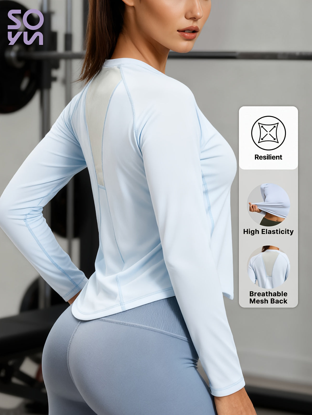 Loose Mesh Back Long Sleeve Top - Light Blue